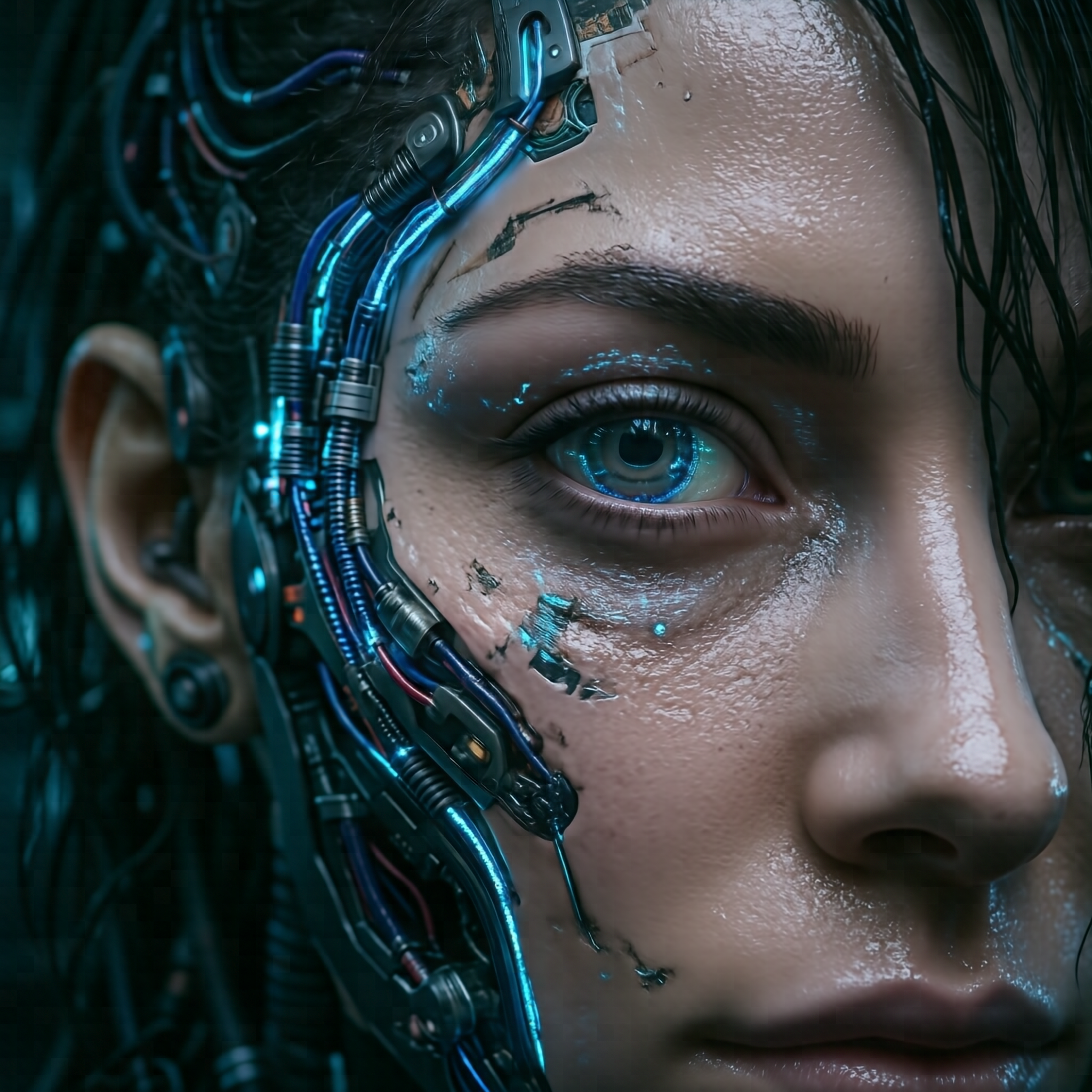 A highly detailed, photorealistic close-up portrait of a futuristic female cyborg with intricate glowing neon blue wiring on her face, cinematic lighting, deep shadows, wet skin texture, 85mm lens, depth of field, sharp focus on the eye.