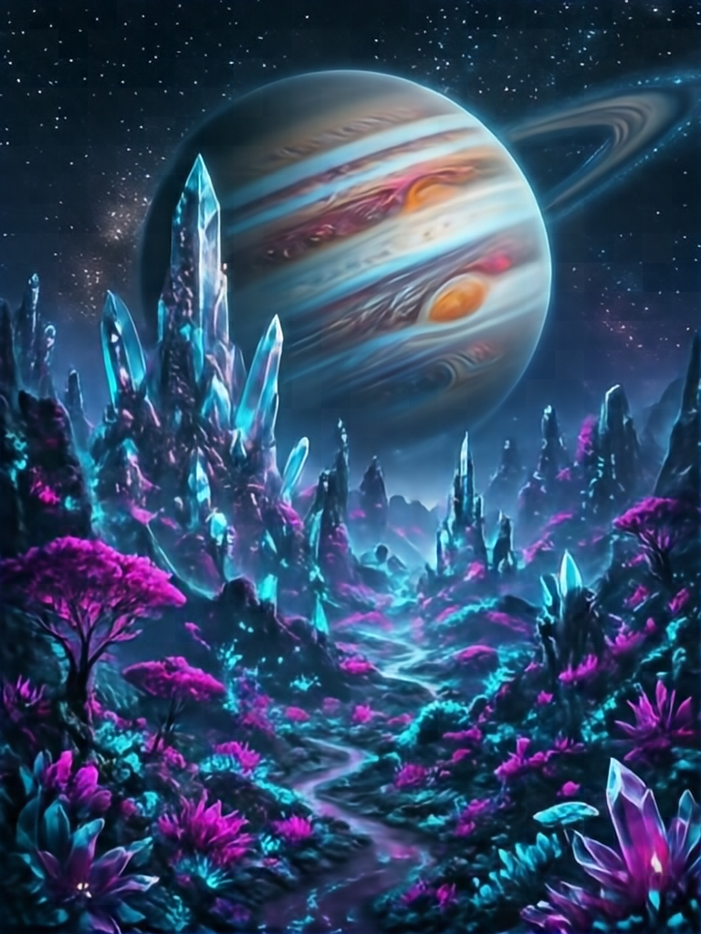 An expansive breathtaking landscape of a hidden alien planet with towering crystalline structures, bioluminescent flora in vibrant magenta and cyan, a giant gas giant planet looming in the starry night sky, epic composition, trending on ArtStation.