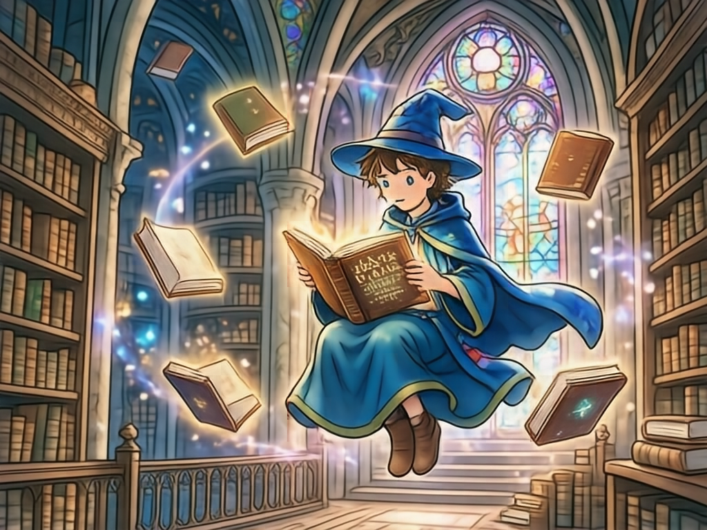 Anime style illustration of a magical library with floating books, glowing magical dust, a young wizard reading a glowing tome while floating mid-air, intricate architectural details, stained glass windows casting colorful light, Studio Ghibli aesthetic.