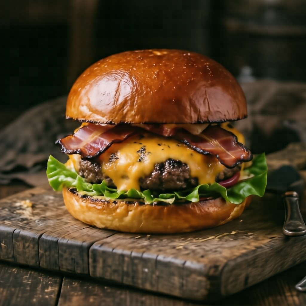 A delicious-looking artisan burger with melted aged cheddar, crispy bacon, fresh lettuce, and a perfectly toasted brioche bun, resting on a rustic wooden cutting board, dark moody background, professional food photography, macro shot, highly appetizing.