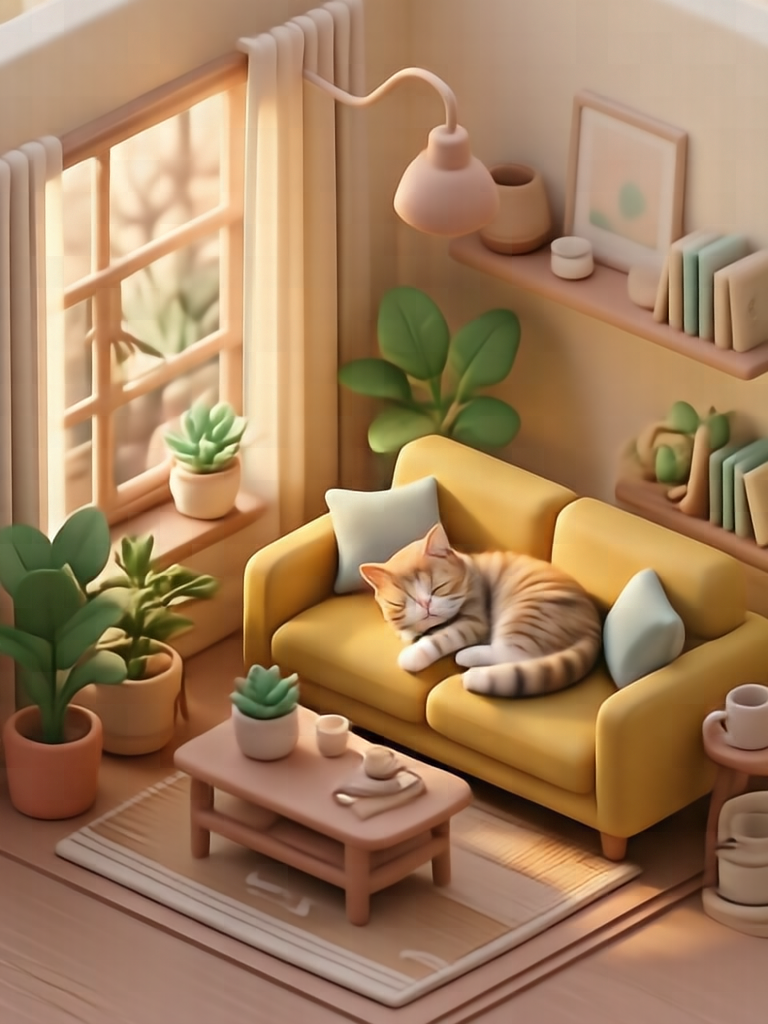 Isometric 3D render of a cozy modern living room, soft pastel colors, miniature diorama style, a sleeping cat on a mustard yellow sofa, indoor plants, warm sunlight streaming through the window, clean clay render aesthetic, high resolution.