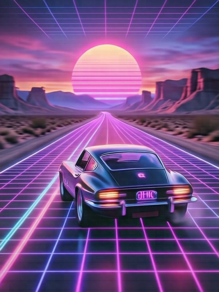 A sleek vintage sports car speeding down an endless desert highway at sunset, neon synthwave grid floor, giant glowing sun on the horizon, retro 80s aesthetic, synthwave vaporwave vibes, vibrant pink and purple gradient.
