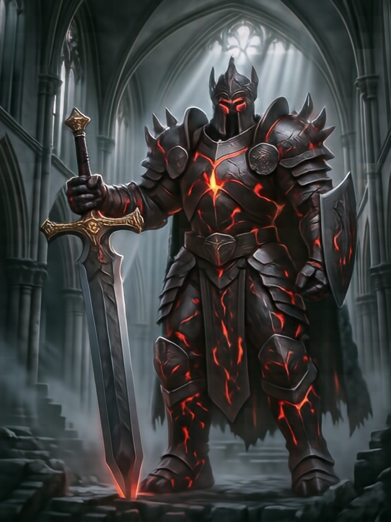 Dark fantasy concept art of a colossal ancient knight made of dark stone and glowing red lava veins, wielding a massive greatsword, standing in a ruined gothic cathedral, volumetric fog, dramatic god rays, extremely detailed armor.