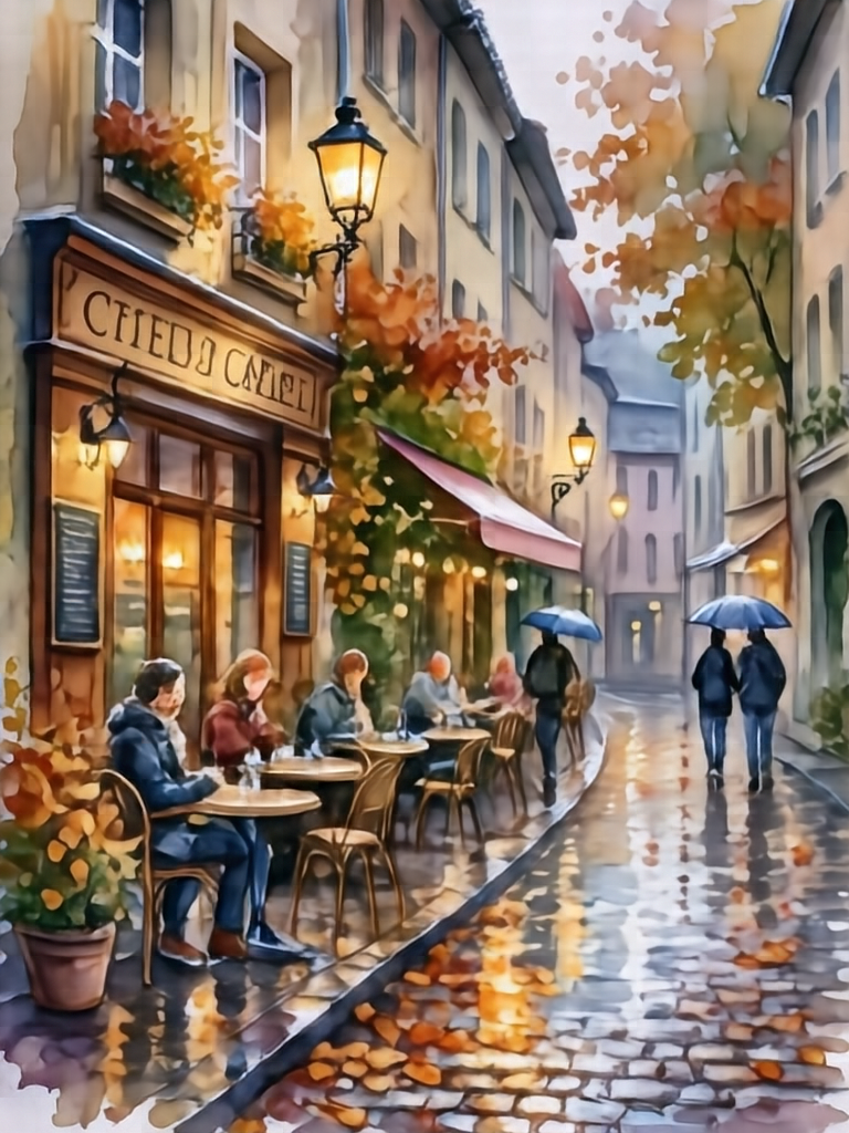 A beautiful watercolor painting of a quaint European street cafe in autumn, rain slicked cobblestones reflecting street lamps, warm inviting atmosphere, loose expressive brushstrokes, vibrant yet soft colors.