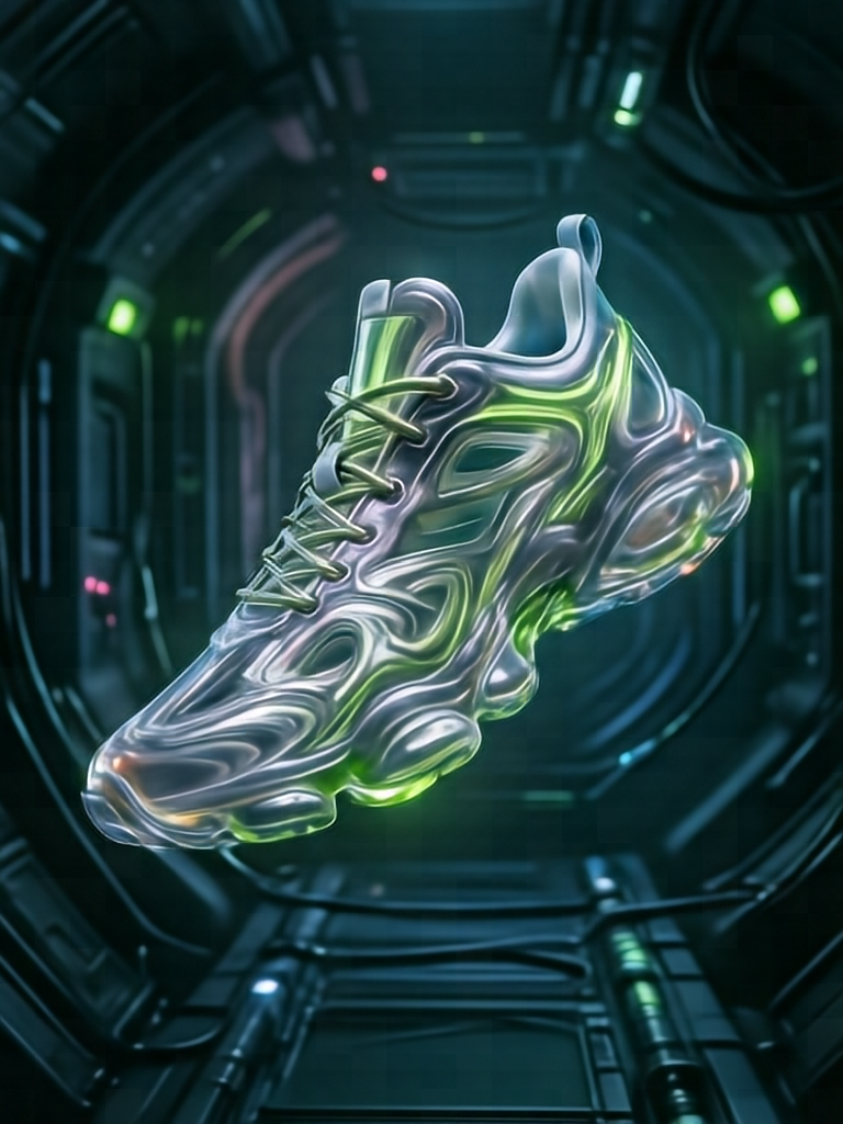 A futuristic sneaker design made of translucent glass and flowing liquid metal, floating in a dark anti-gravity chamber, neon green highlights, hyper-detailed product design, 8k resolution, octane render.