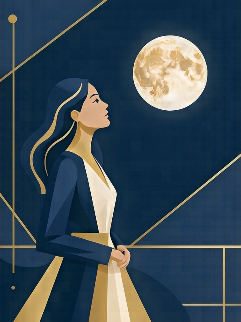 An elegant, minimalist vector art illustration of a woman looking at the moon, limited color palette consisting of navy blue, gold, and cream, clean geometric shapes, modern poster design.