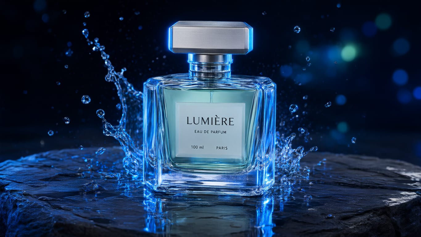 Product shot of a glass perfume bottle on wet slate with electric blue lighting