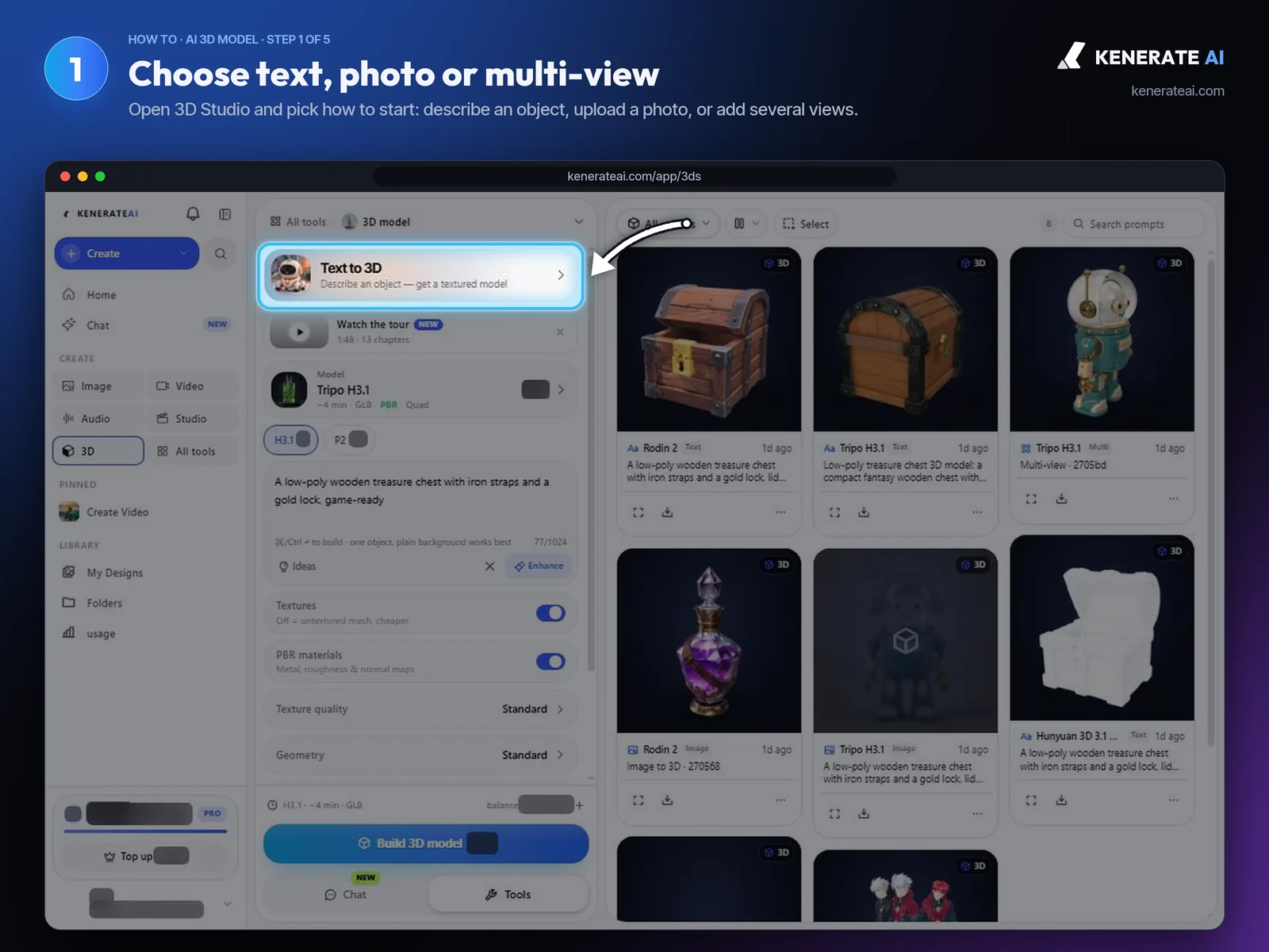 Kenerate AI 3D Studio mode card set to Text to 3D