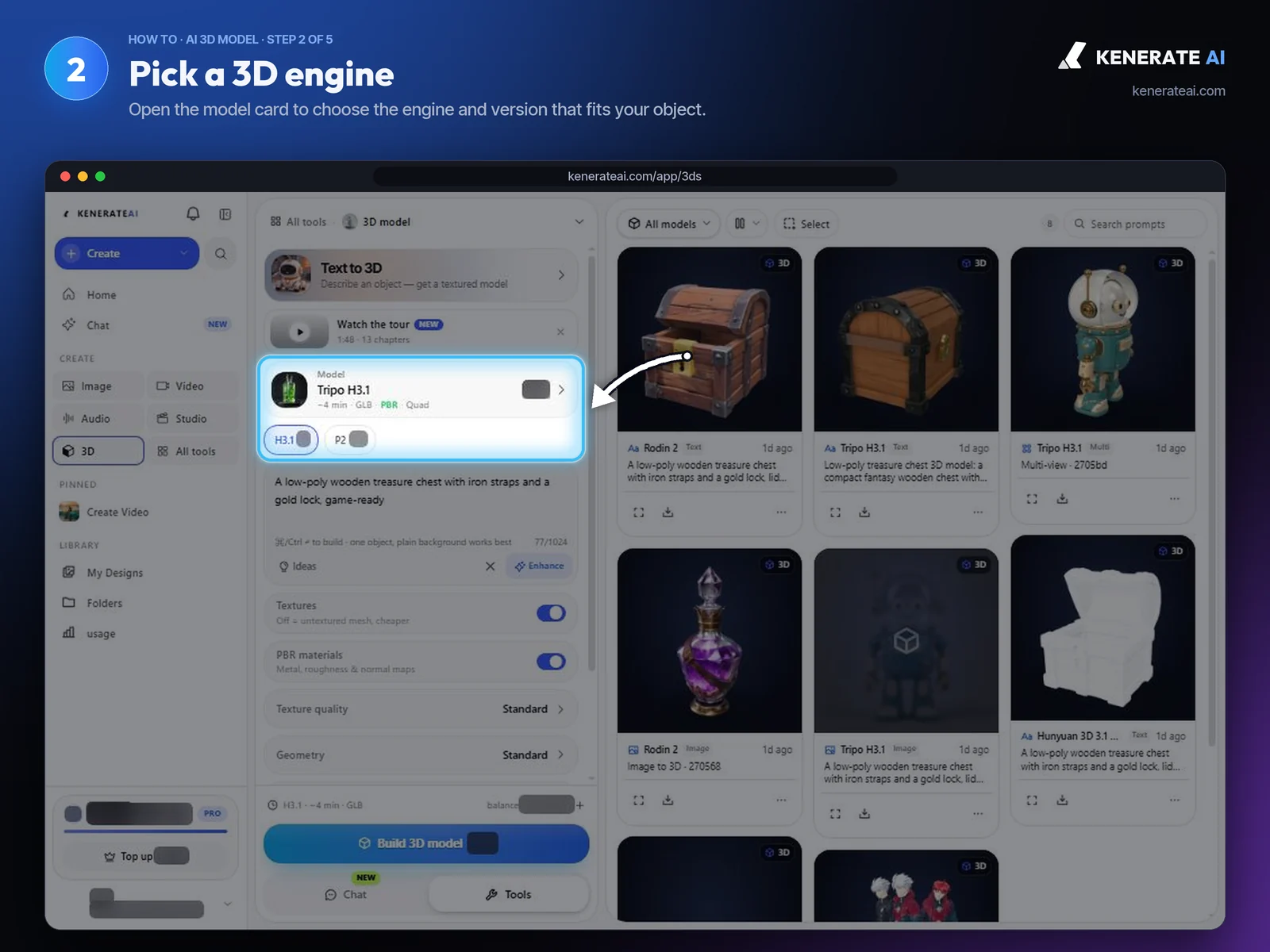 Kenerate AI 3D Studio model card showing Tripo H3.1 with GLB, PBR and quad mesh options