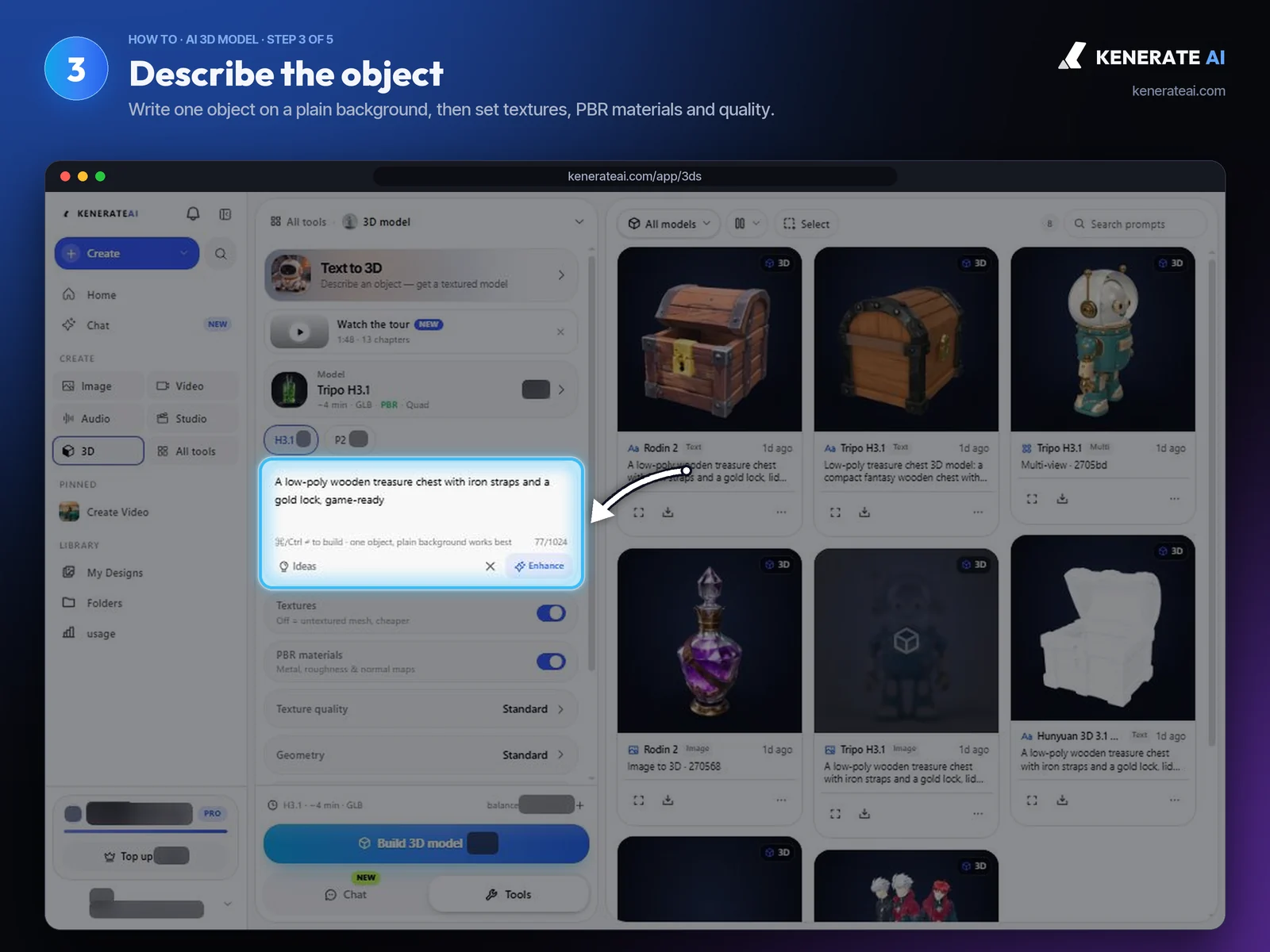Kenerate AI 3D Studio prompt box describing a low-poly wooden treasure chest with iron straps and a gold lock