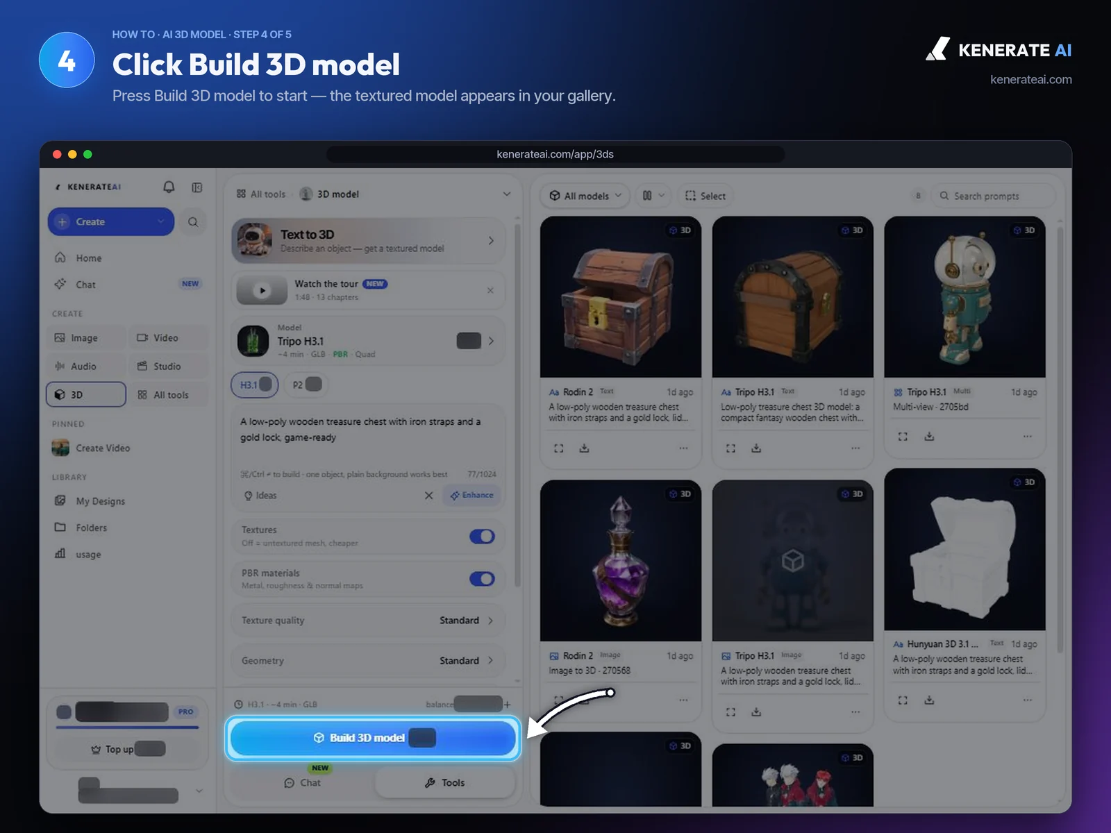 Kenerate AI 3D Studio Build 3D model button