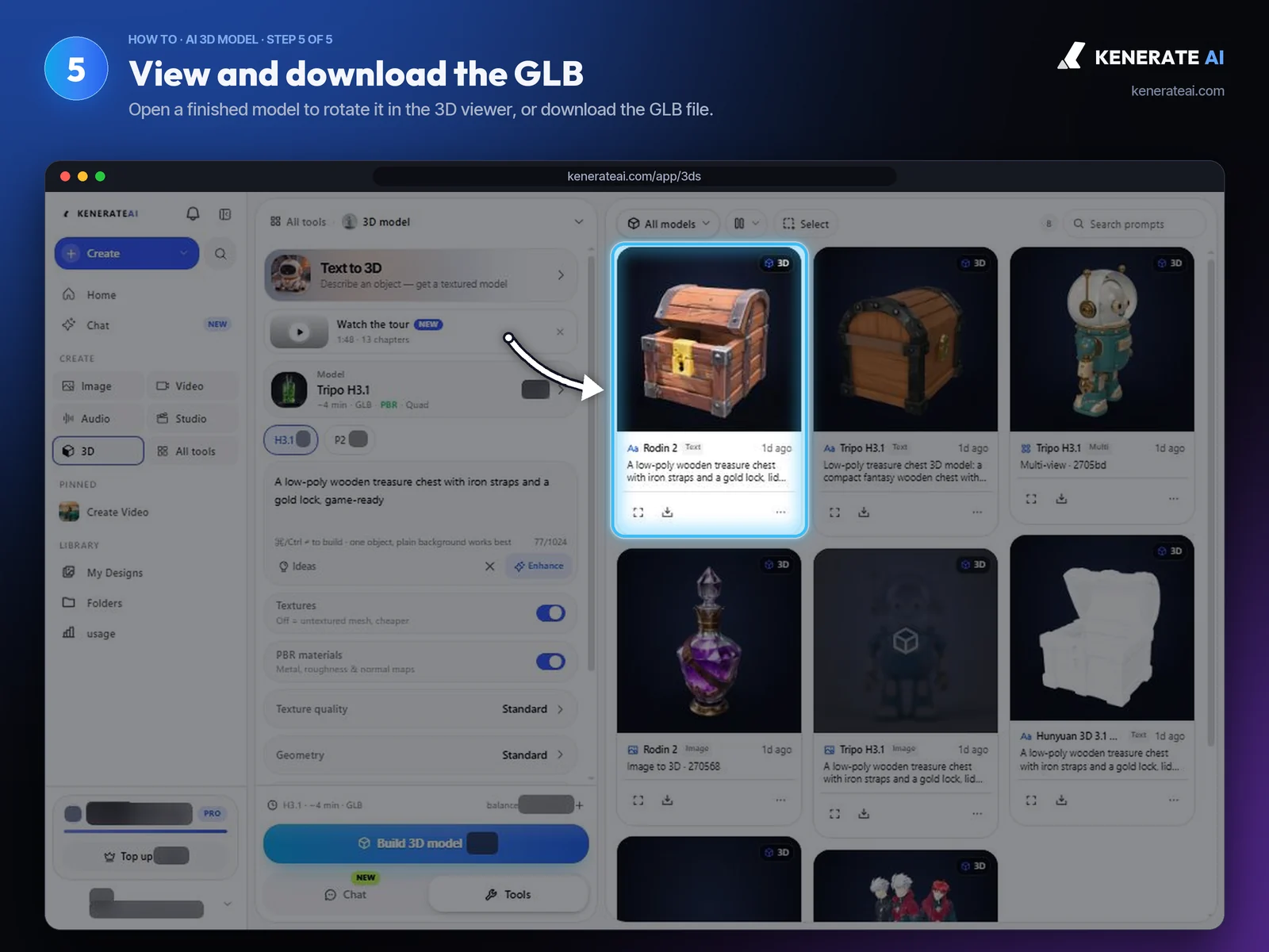 Kenerate AI 3D Studio gallery with a finished 3D wooden treasure chest model and download button