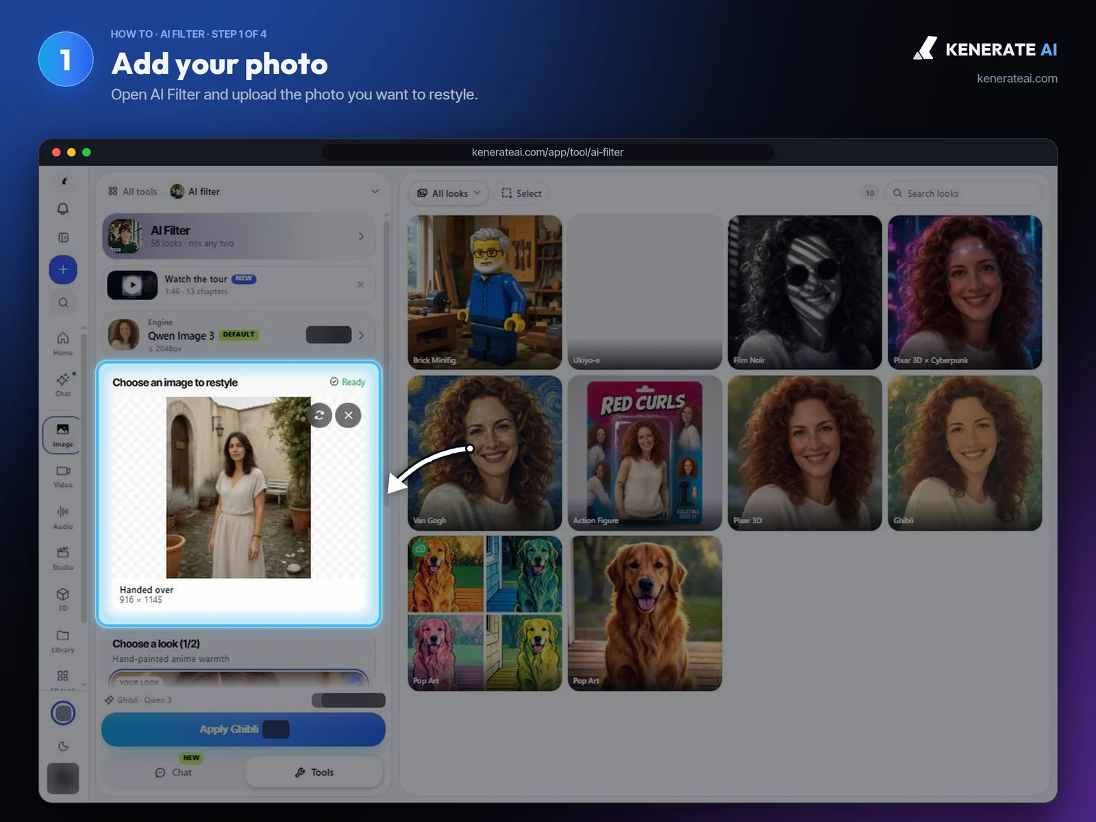 Kenerate AI Filter tool with a photo of a woman in a courtyard loaded as the input