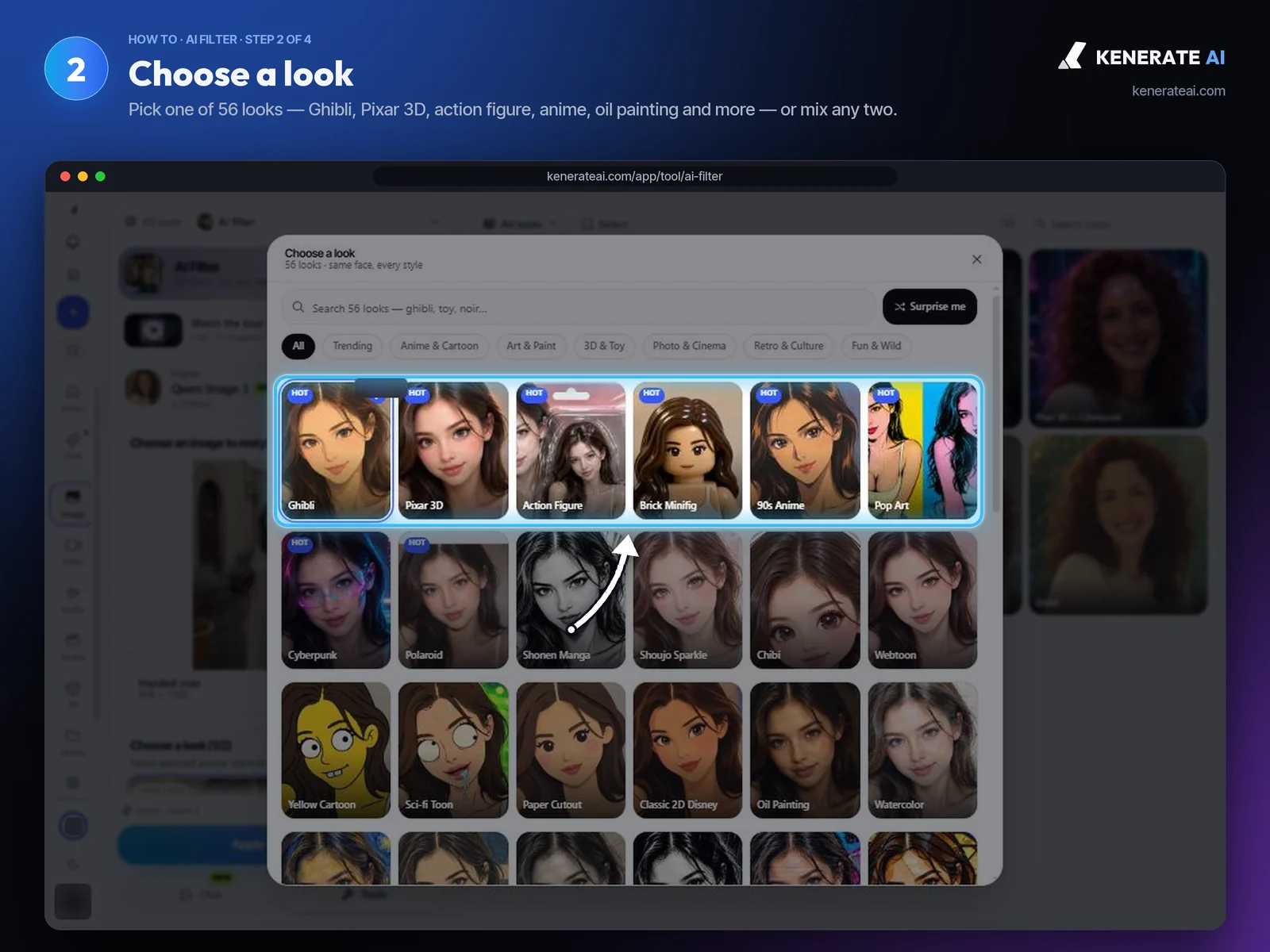 Kenerate AI Filter look picker with Ghibli, Pixar 3D, Action Figure, Brick Minifig and anime styles