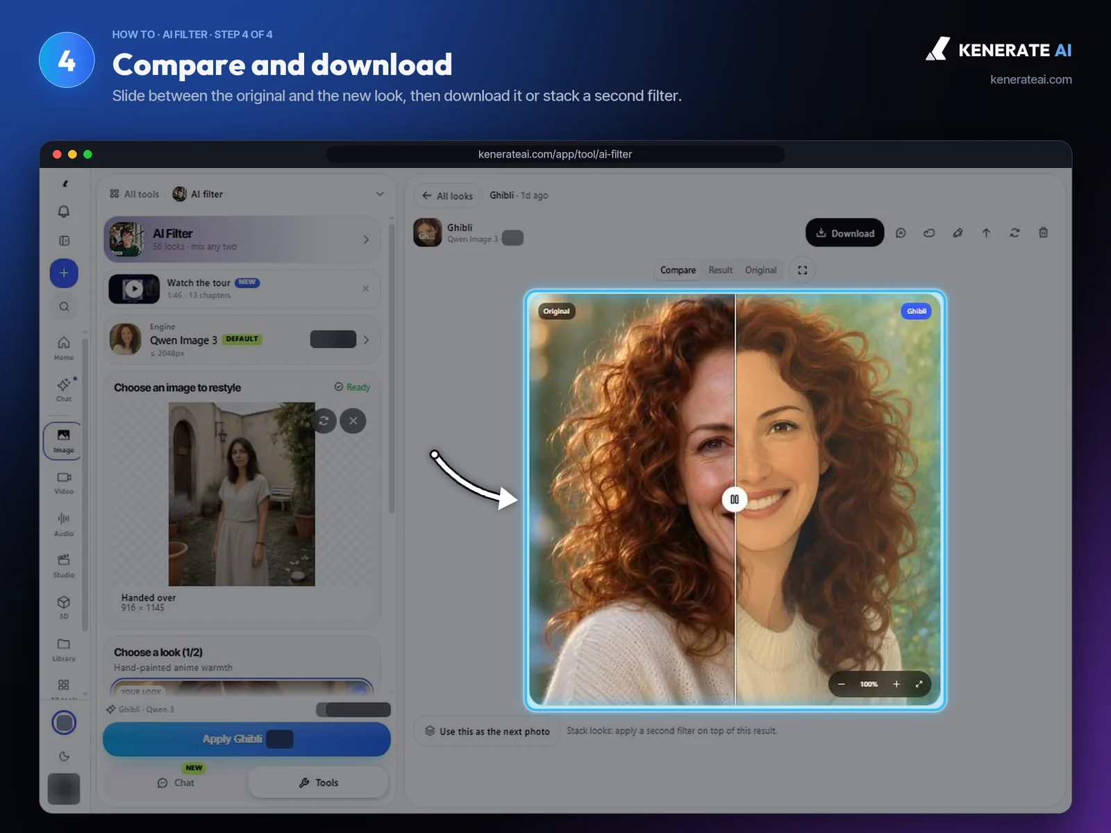 Kenerate AI Filter result comparing a portrait with its Ghibli-style version