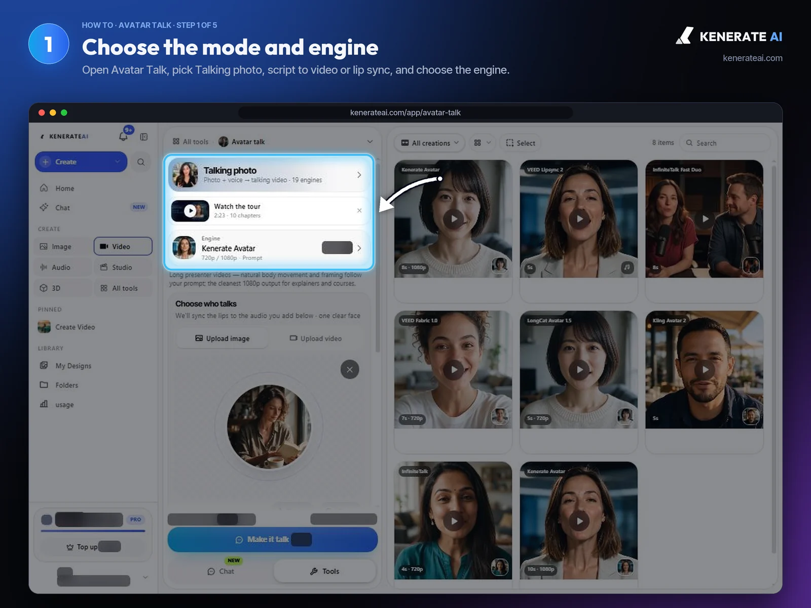 Kenerate AI Avatar Talk mode card set to Talking photo with the Kenerate Avatar engine