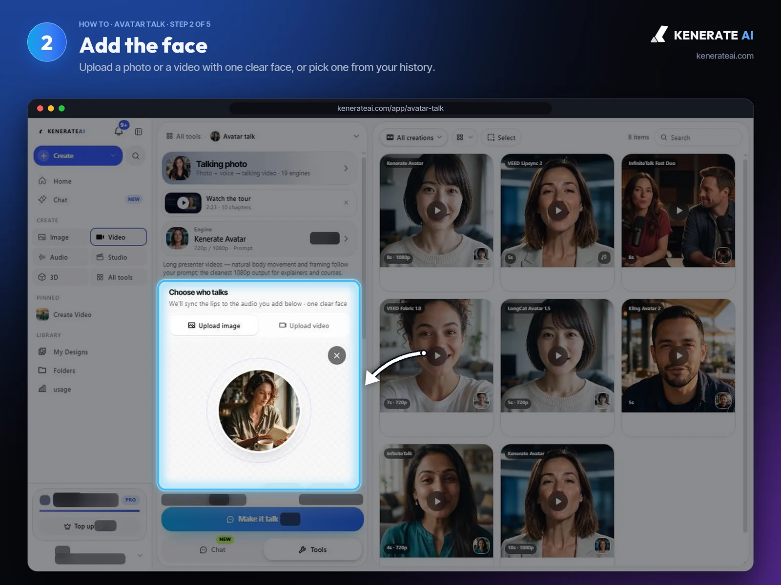 Kenerate AI Avatar Talk with a portrait photo of a woman reading in a cafe added as the face