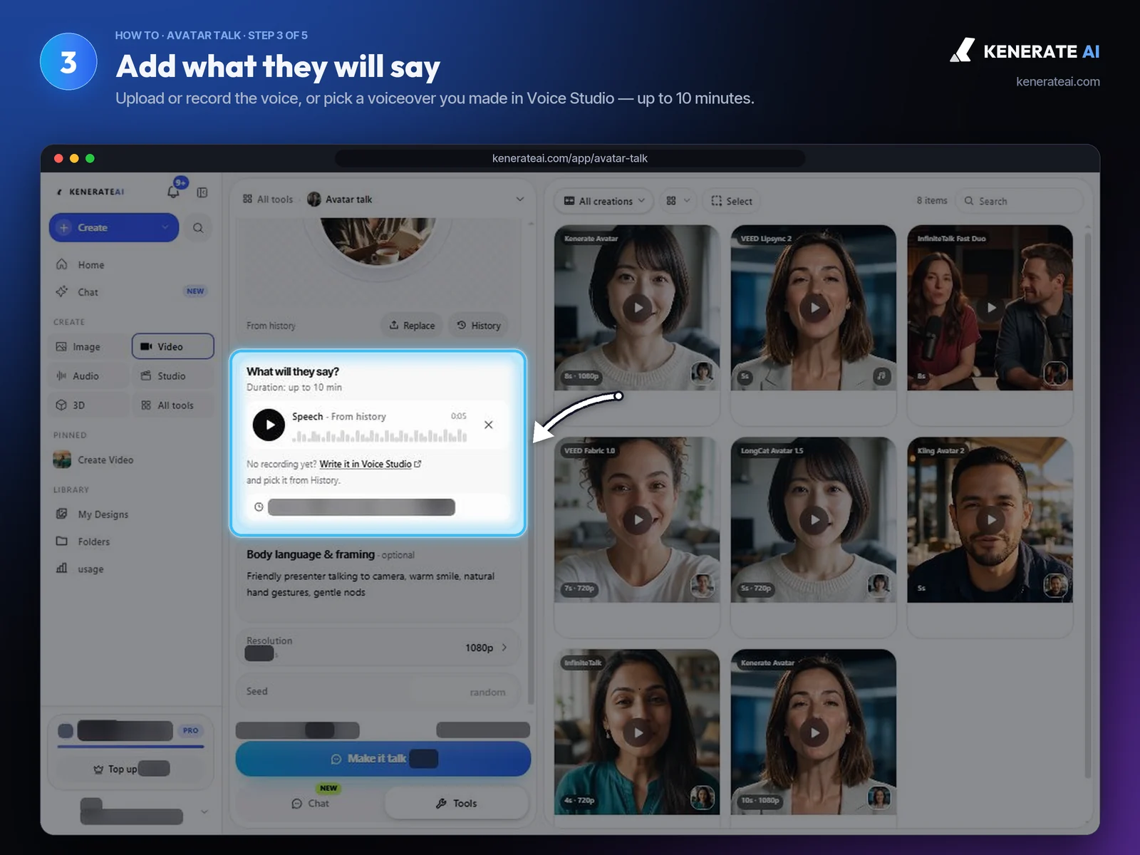 Kenerate AI Avatar Talk speech track added from history with a waveform
