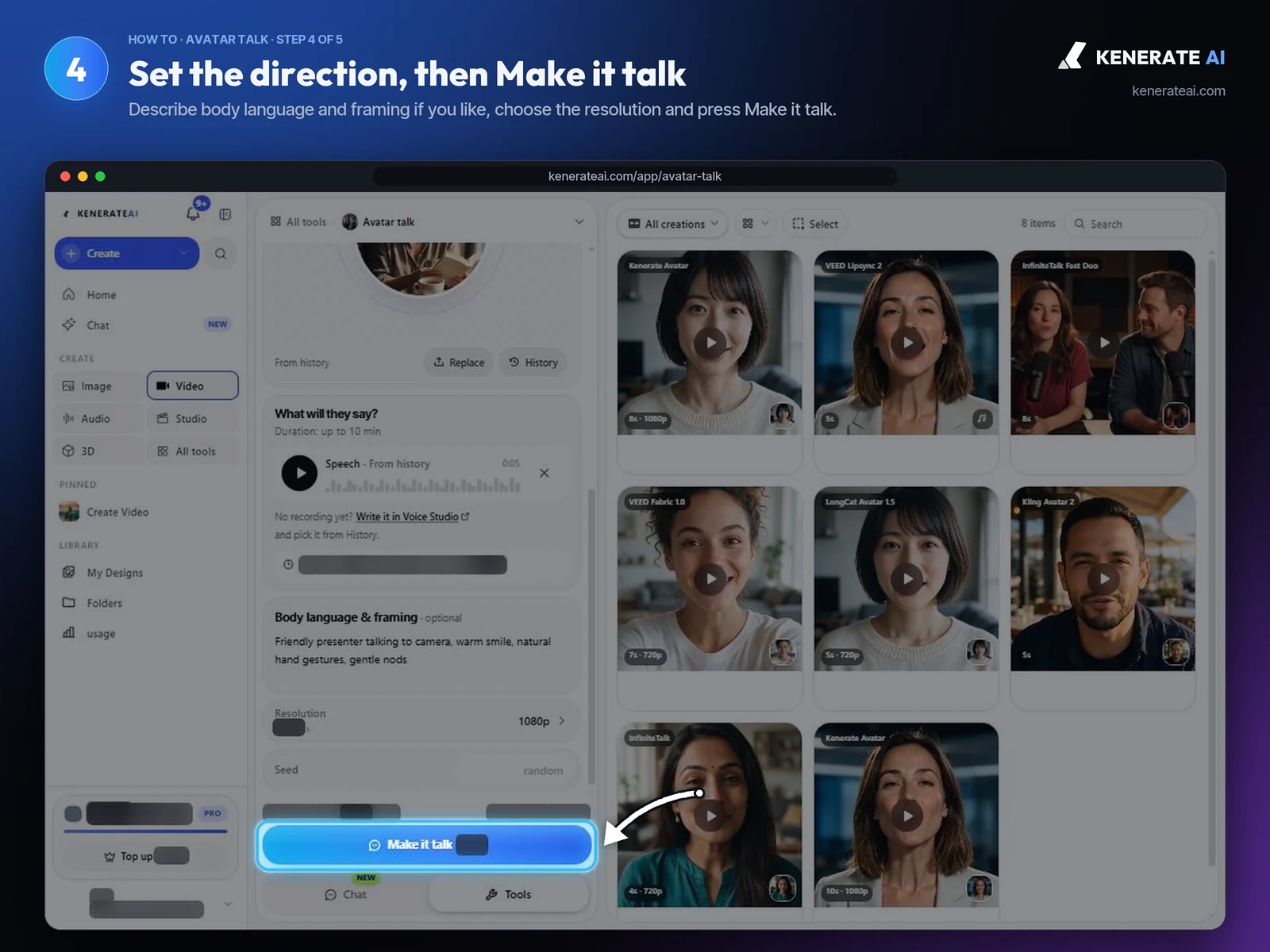 Kenerate AI Avatar Talk body language prompt, resolution and Make it talk button