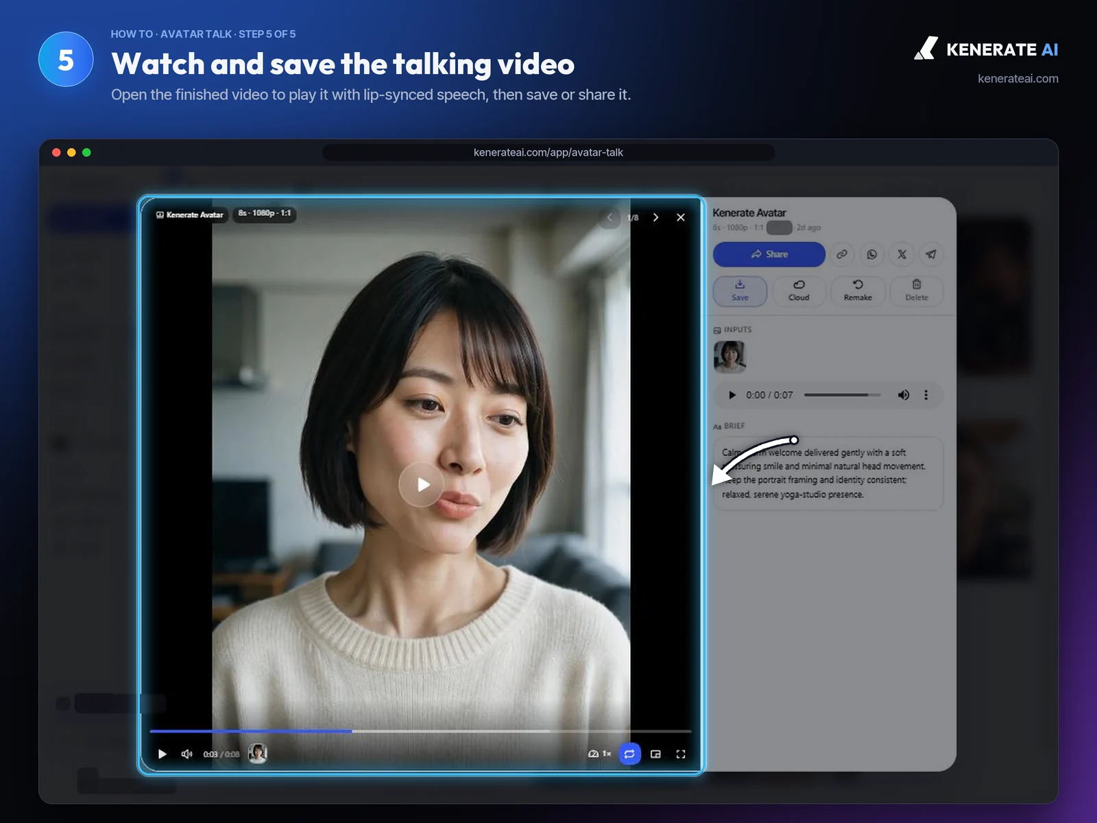 Kenerate AI Avatar Talk finished talking video of a woman speaking to camera