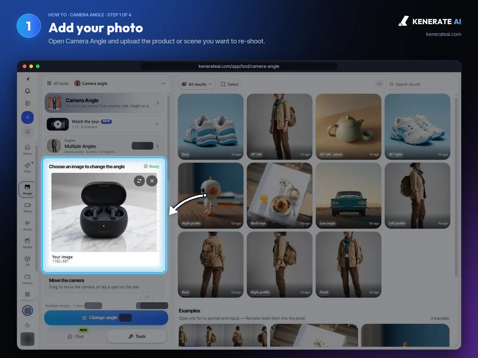 Kenerate AI Camera Angle tool with a photo of wireless earbuds loaded as the input