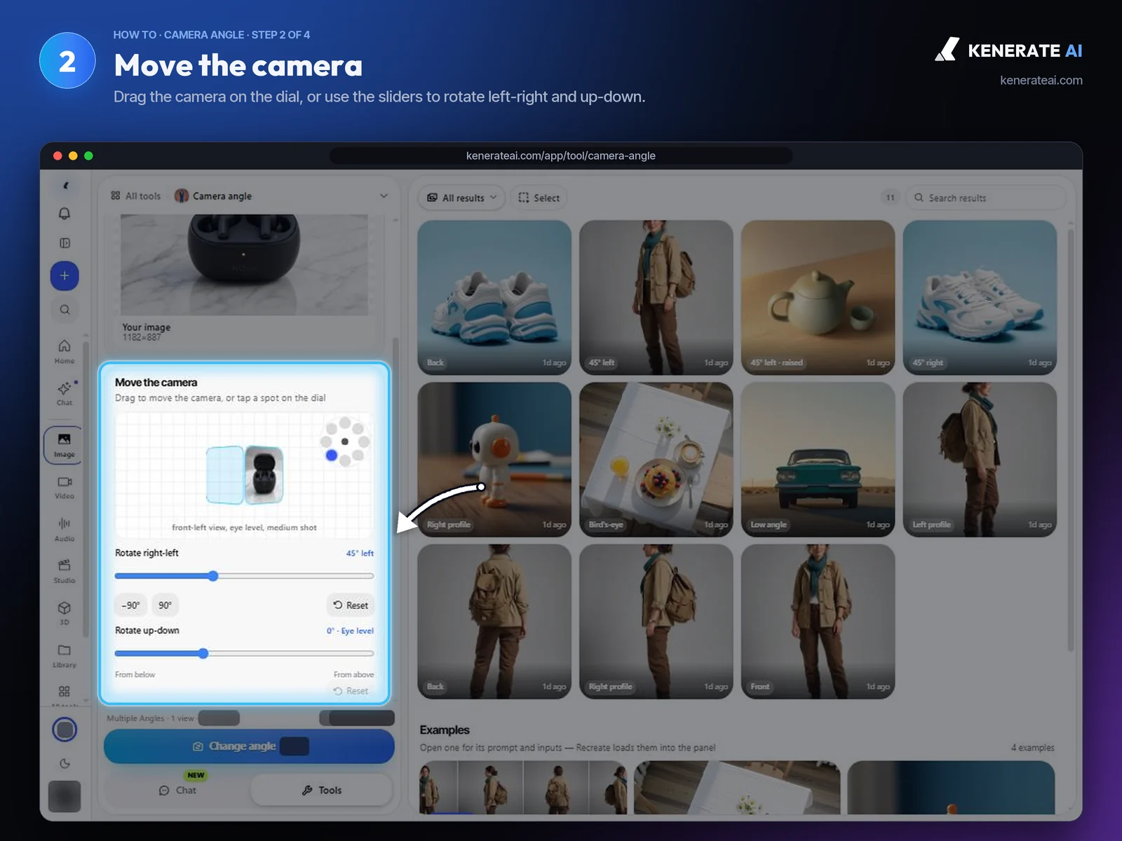 Kenerate AI Camera Angle dial and sliders set to a 45 degree left view at eye level