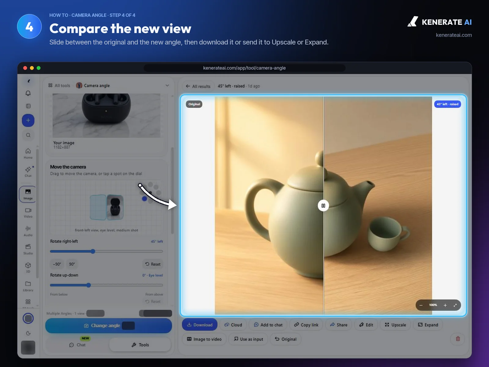 Kenerate AI Camera Angle result comparing a teapot photo with the same scene seen from 45 degrees left and raised