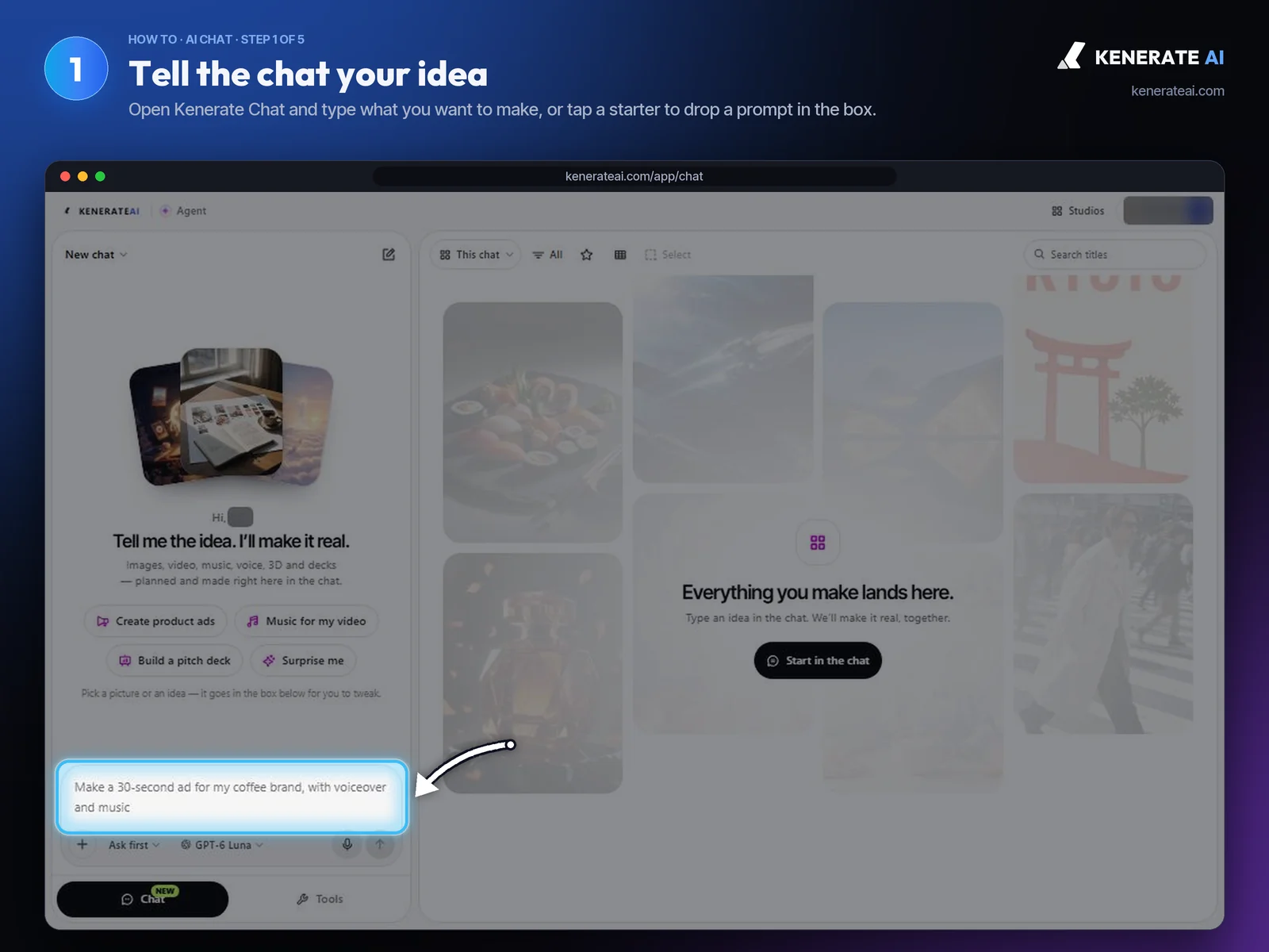 Kenerate AI Chat start screen with starter ideas and the message box