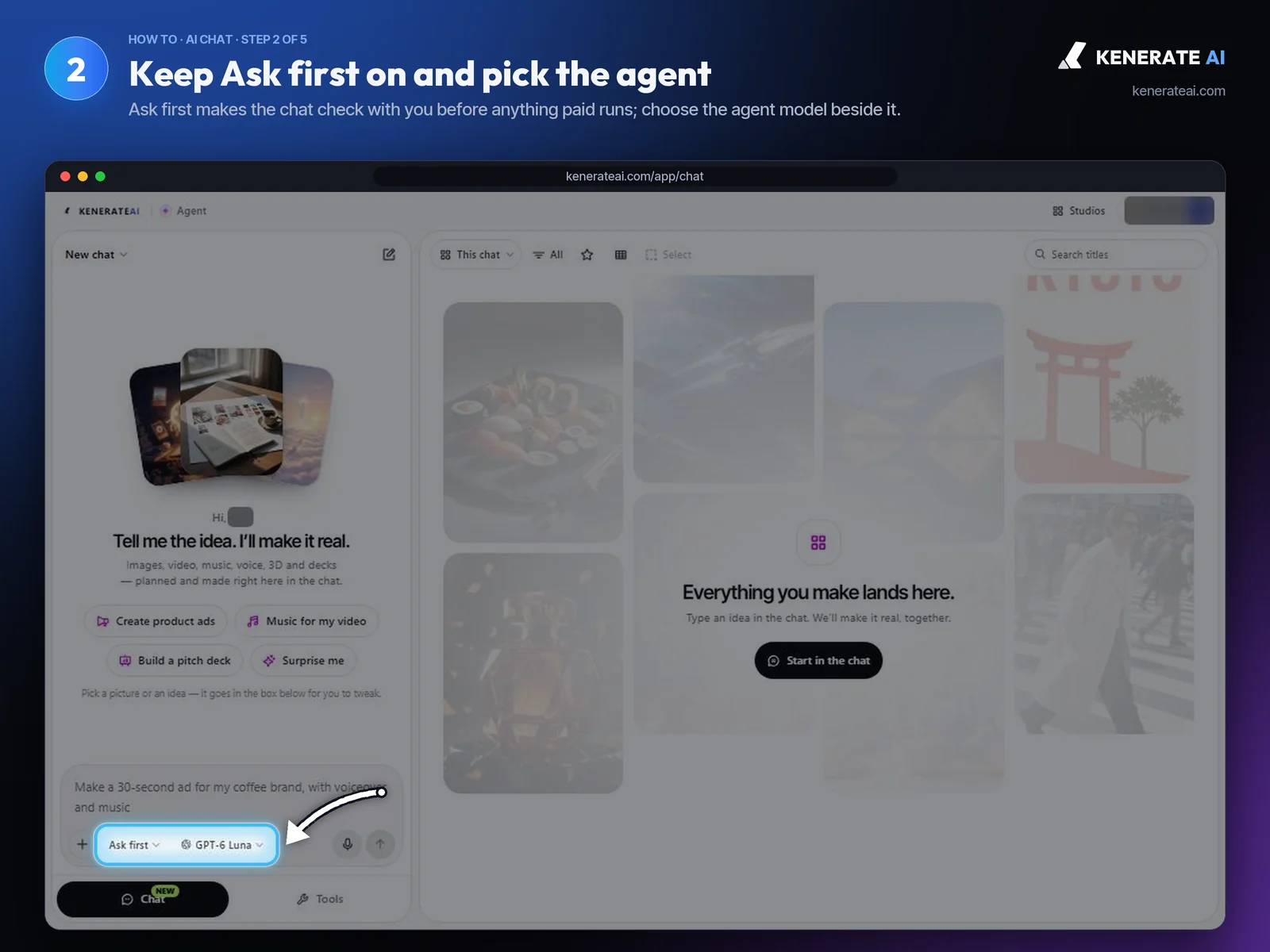 Kenerate AI Chat Ask first mode and agent model buttons under the message box
