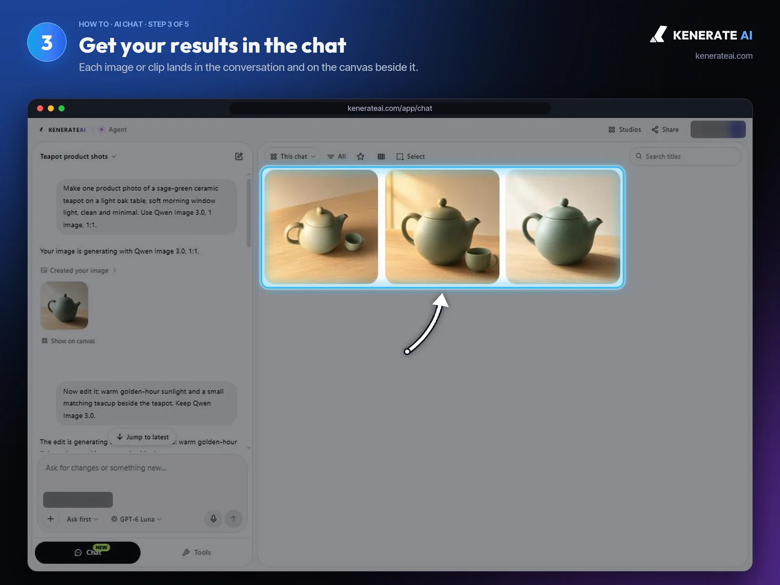 Kenerate AI Chat conversation with a generated sage-green teapot product photo and the canvas of results