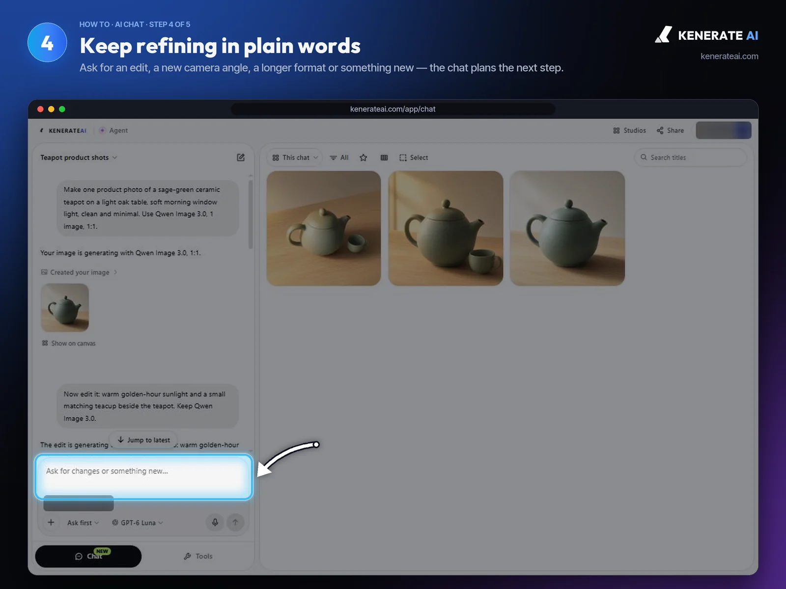 Kenerate AI Chat message box asking for changes, below an edit request in the conversation