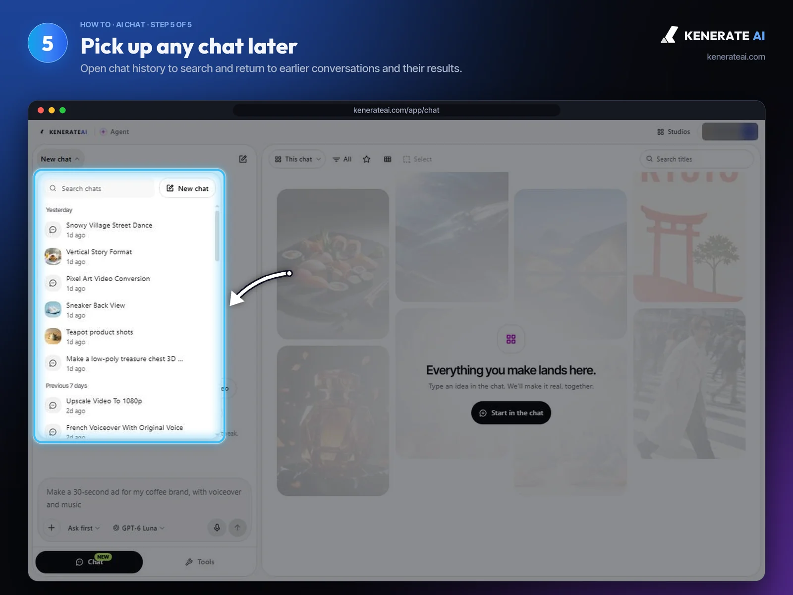 Kenerate AI Chat history list of earlier conversations