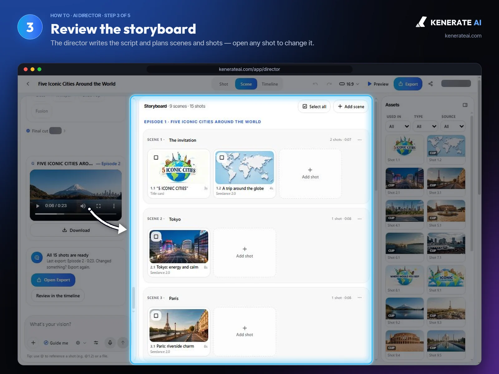 Kenerate AI Director storyboard of an explainer film with scenes for Tokyo and Paris and their shots