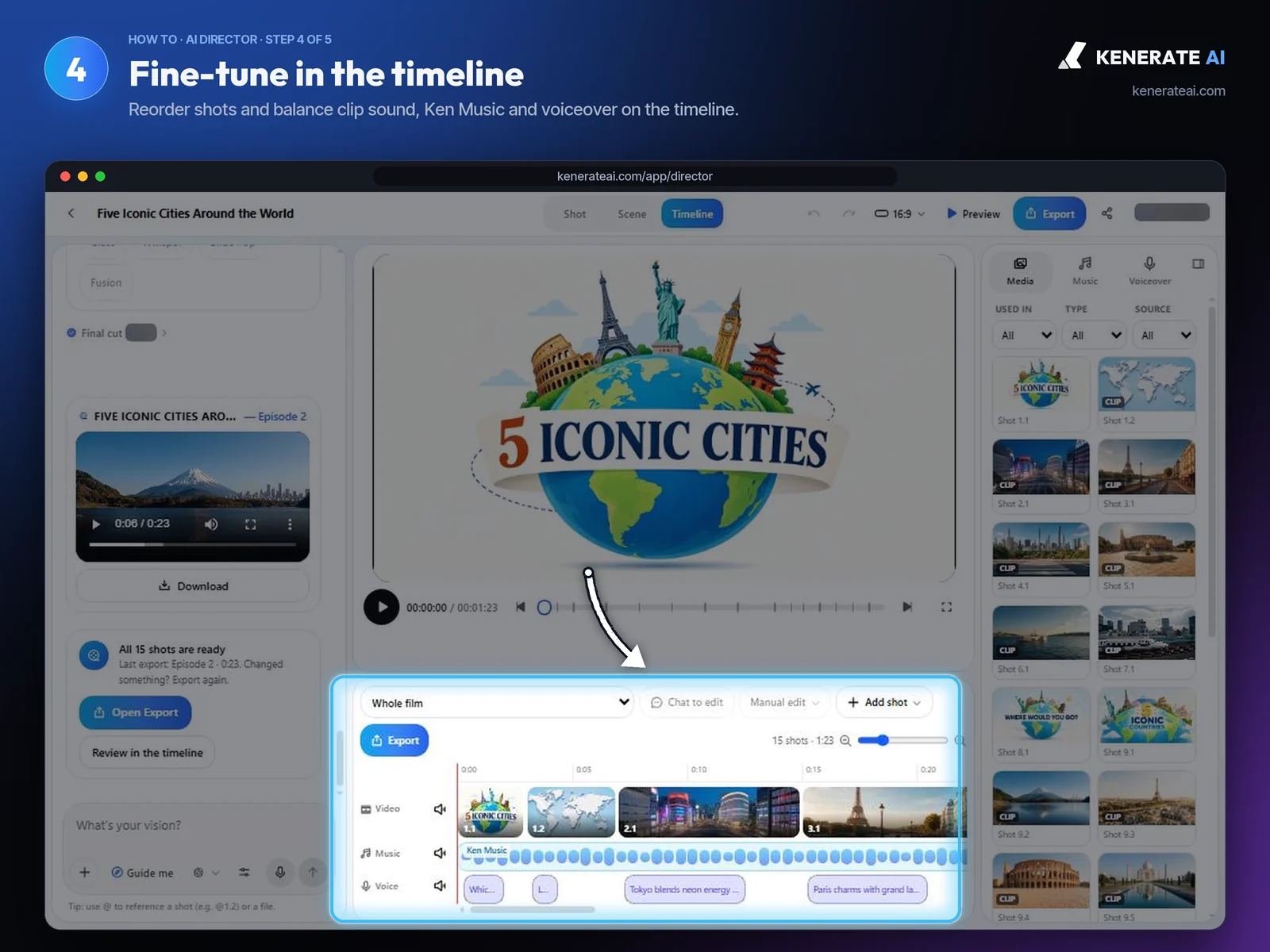 Kenerate AI Director timeline with video, Ken Music and voiceover tracks
