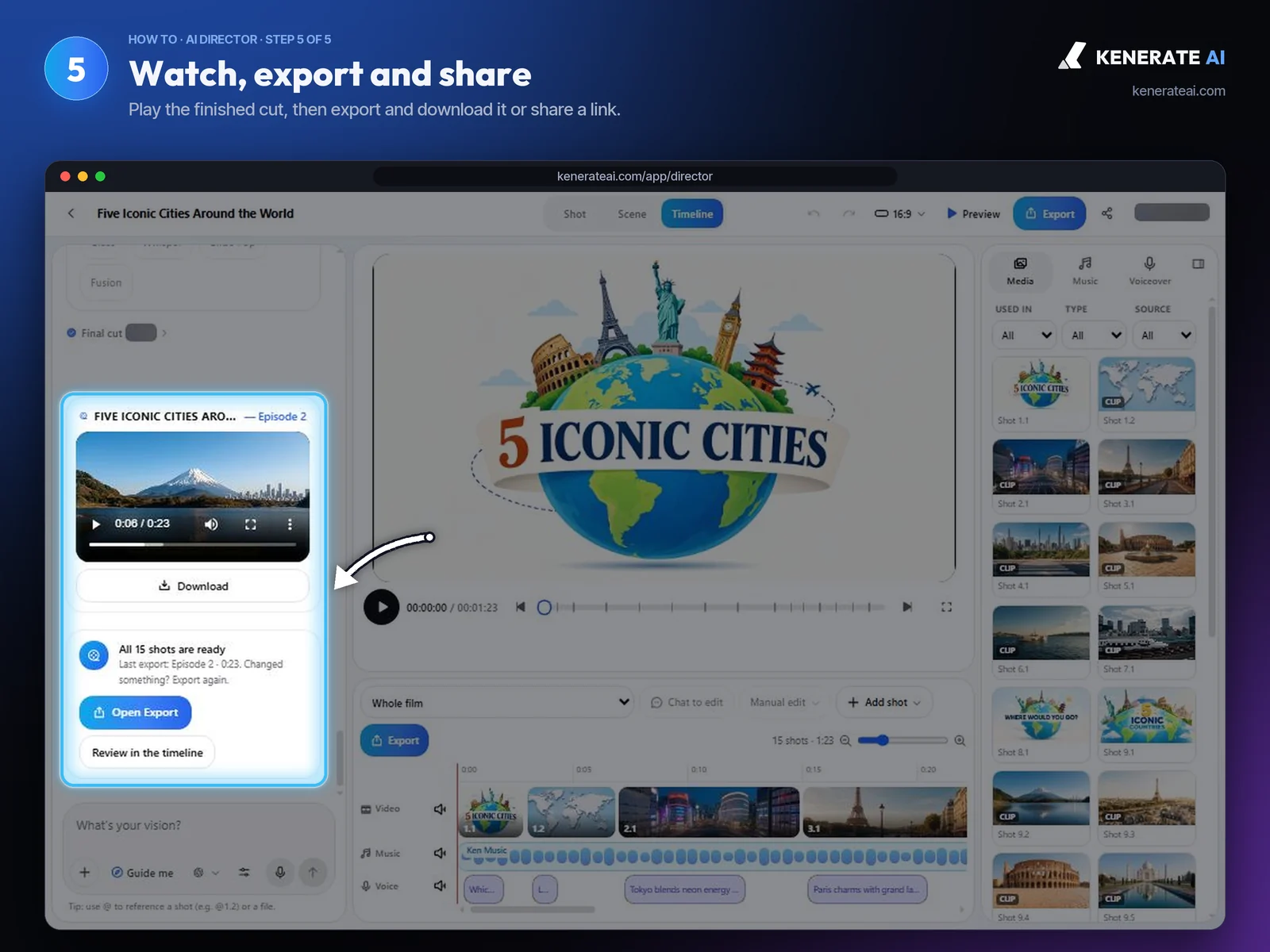 Kenerate AI Director finished cut player with Download and Open Export buttons