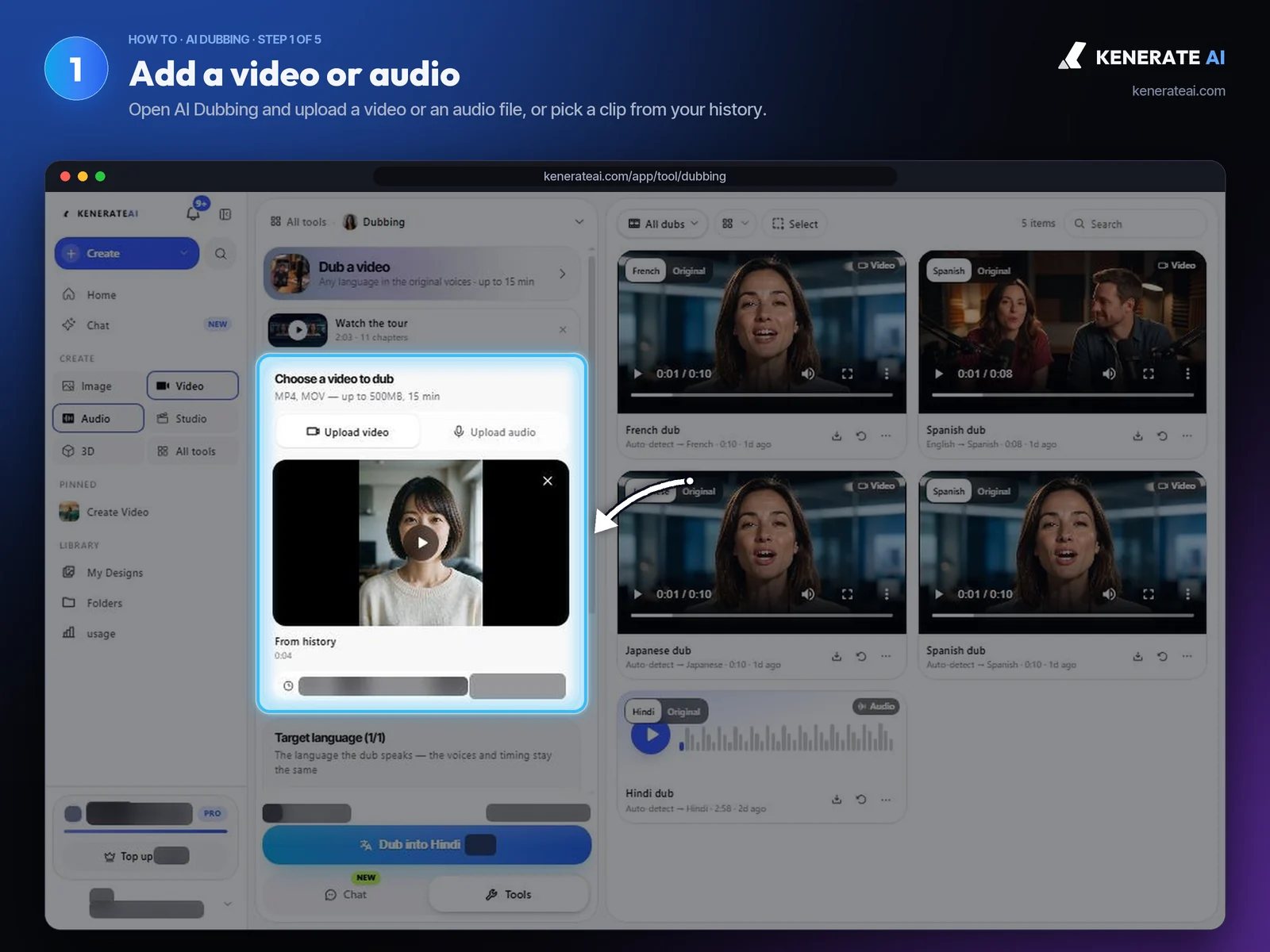 Kenerate AI Dubbing with a talking-head clip loaded as the video to dub