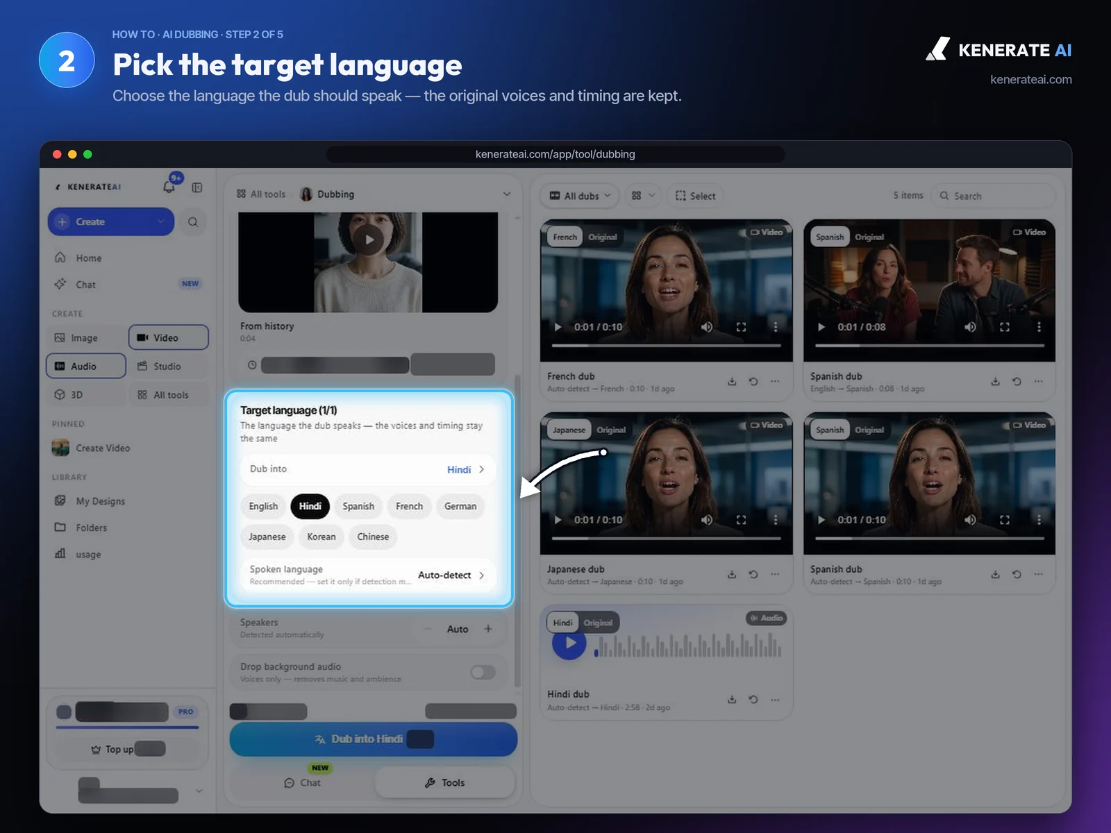 Kenerate AI Dubbing target language options English, Hindi, Spanish, French, German, Japanese, Korean and Chinese