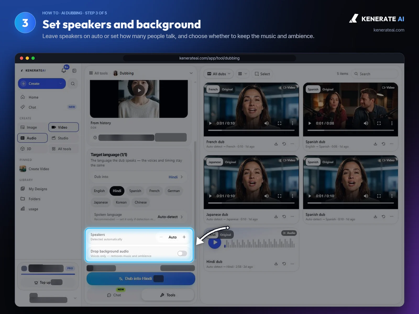 Kenerate AI Dubbing speakers setting and drop background audio switch