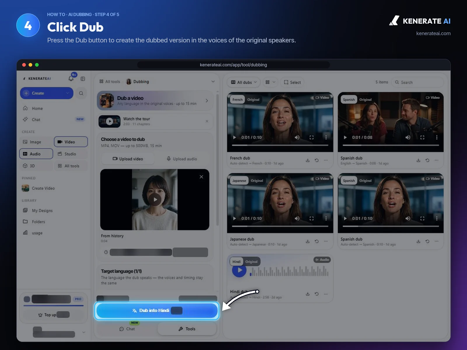 Kenerate AI Dubbing Dub into Hindi button