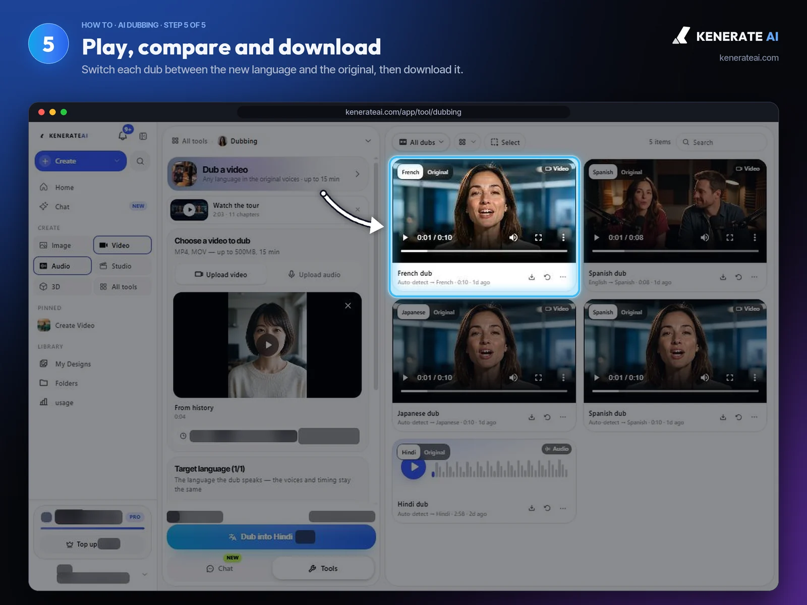 Kenerate AI Dubbing gallery with French, Spanish and Japanese dubs of talking-head videos
