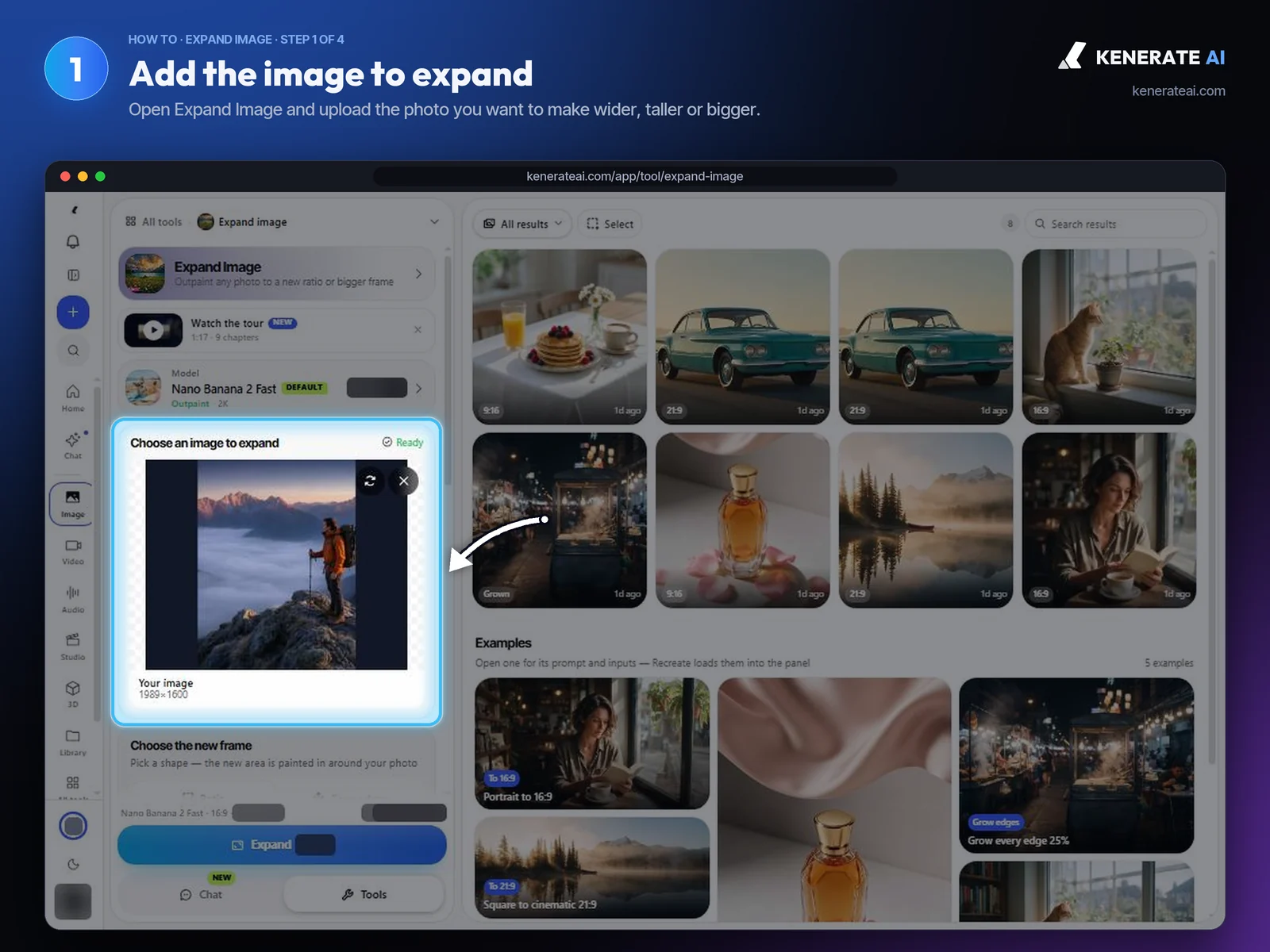 Kenerate AI Expand Image tool with a mountain hiker photo loaded as the input