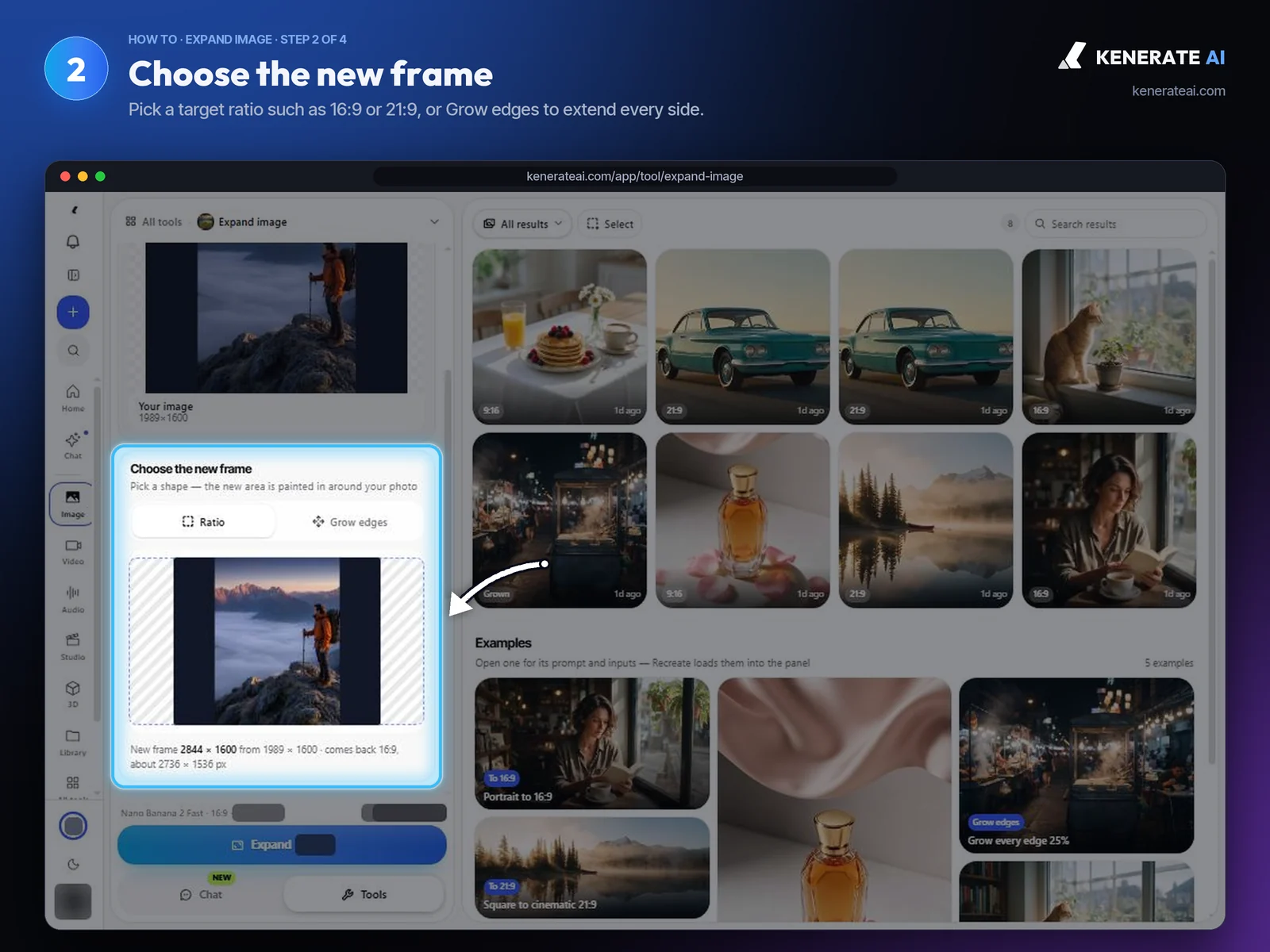 Kenerate AI Expand Image frame picker showing the new 16:9 canvas around the original photo