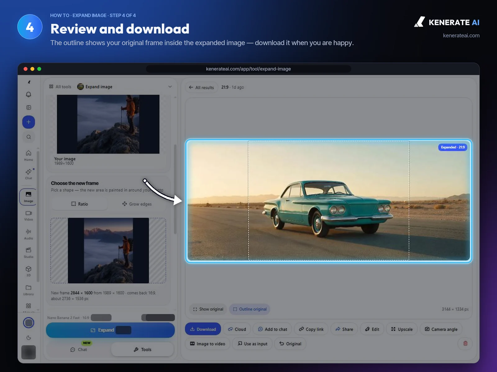 Kenerate AI Expand Image result showing a vintage car photo expanded to 21:9 with the original frame outlined