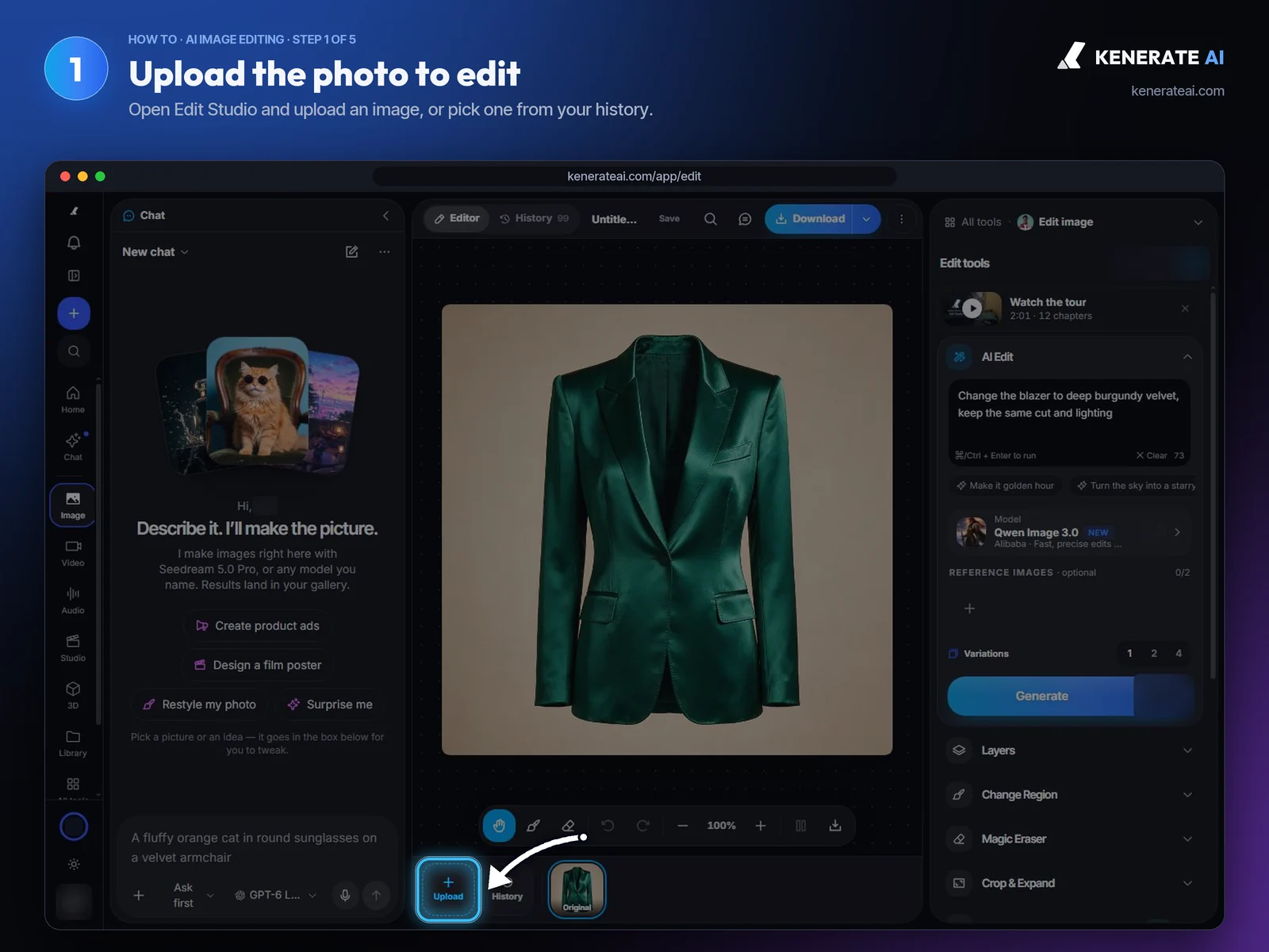 Kenerate AI Edit Studio canvas with a green blazer photo loaded and the Upload button