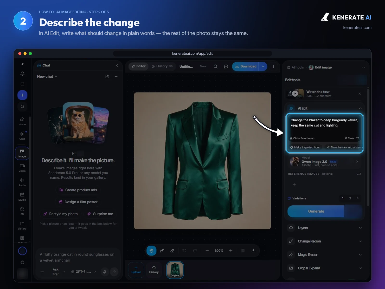 Kenerate AI Edit panel with the instruction 'Change the blazer to deep burgundy velvet' typed in