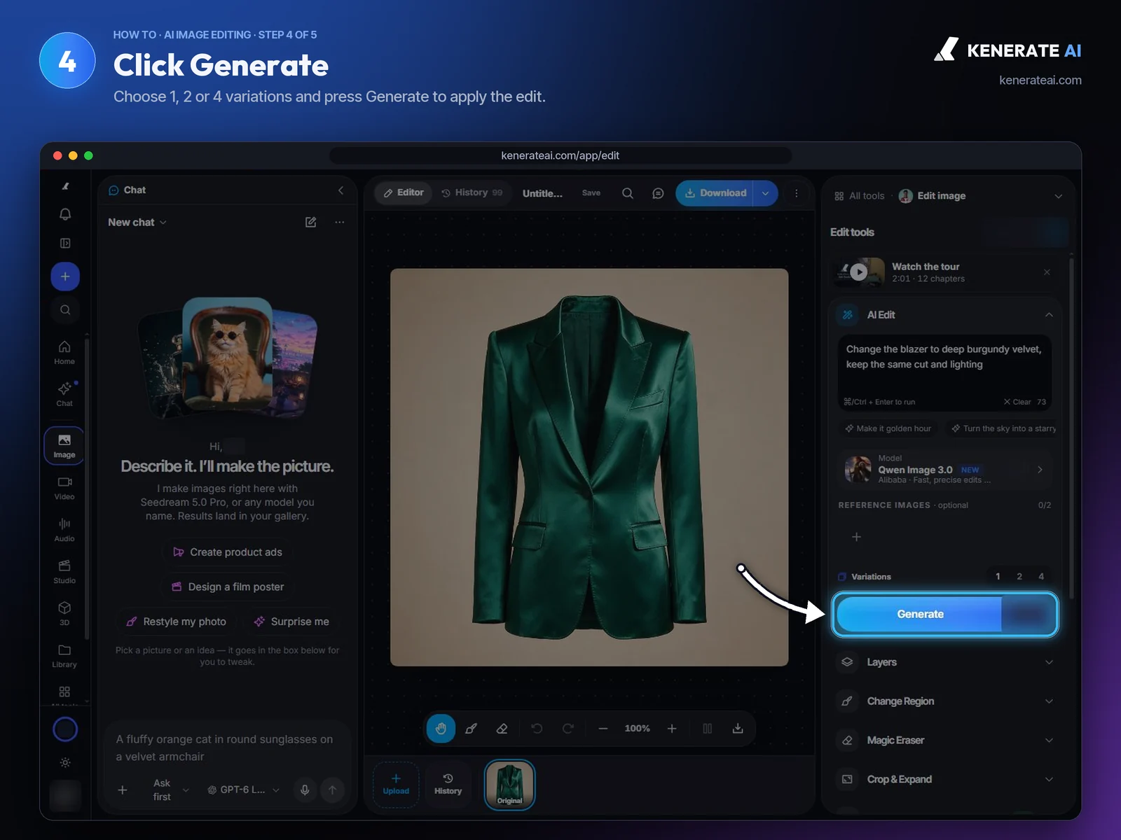 Kenerate AI Edit Studio Generate button below the variations selector