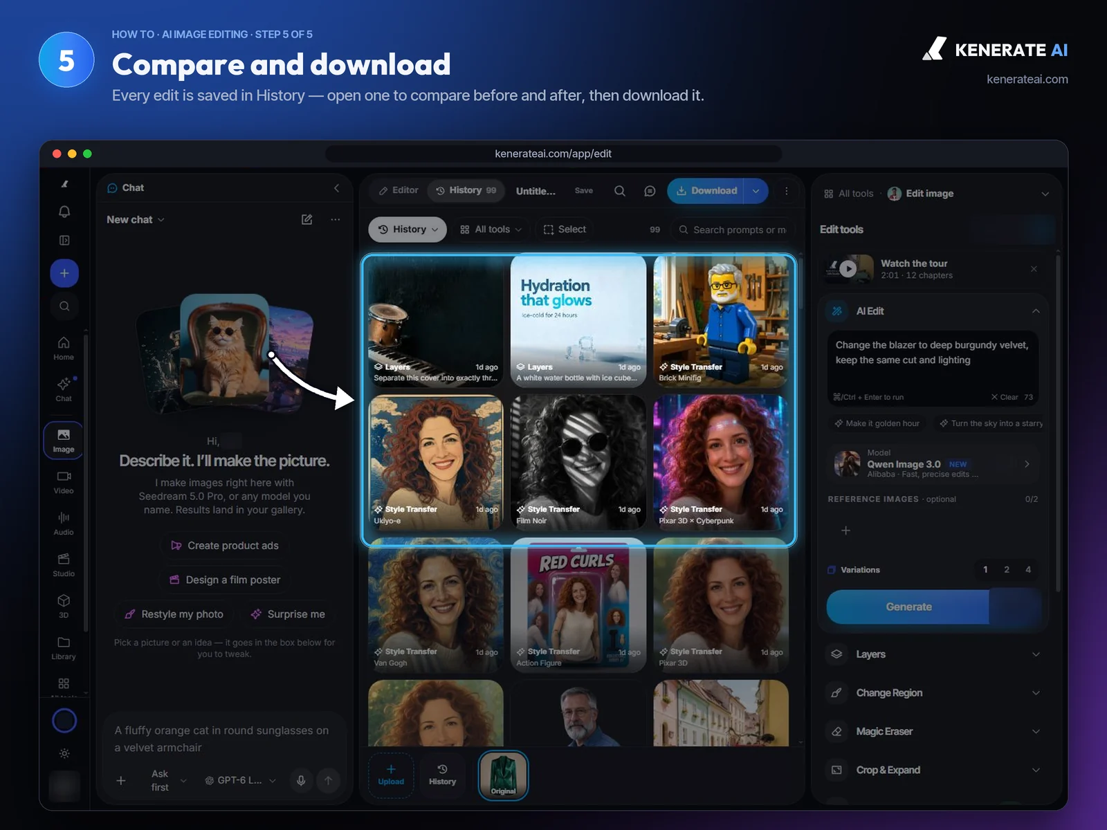 Kenerate AI Edit Studio History grid with style transfer and layer edits of earlier images