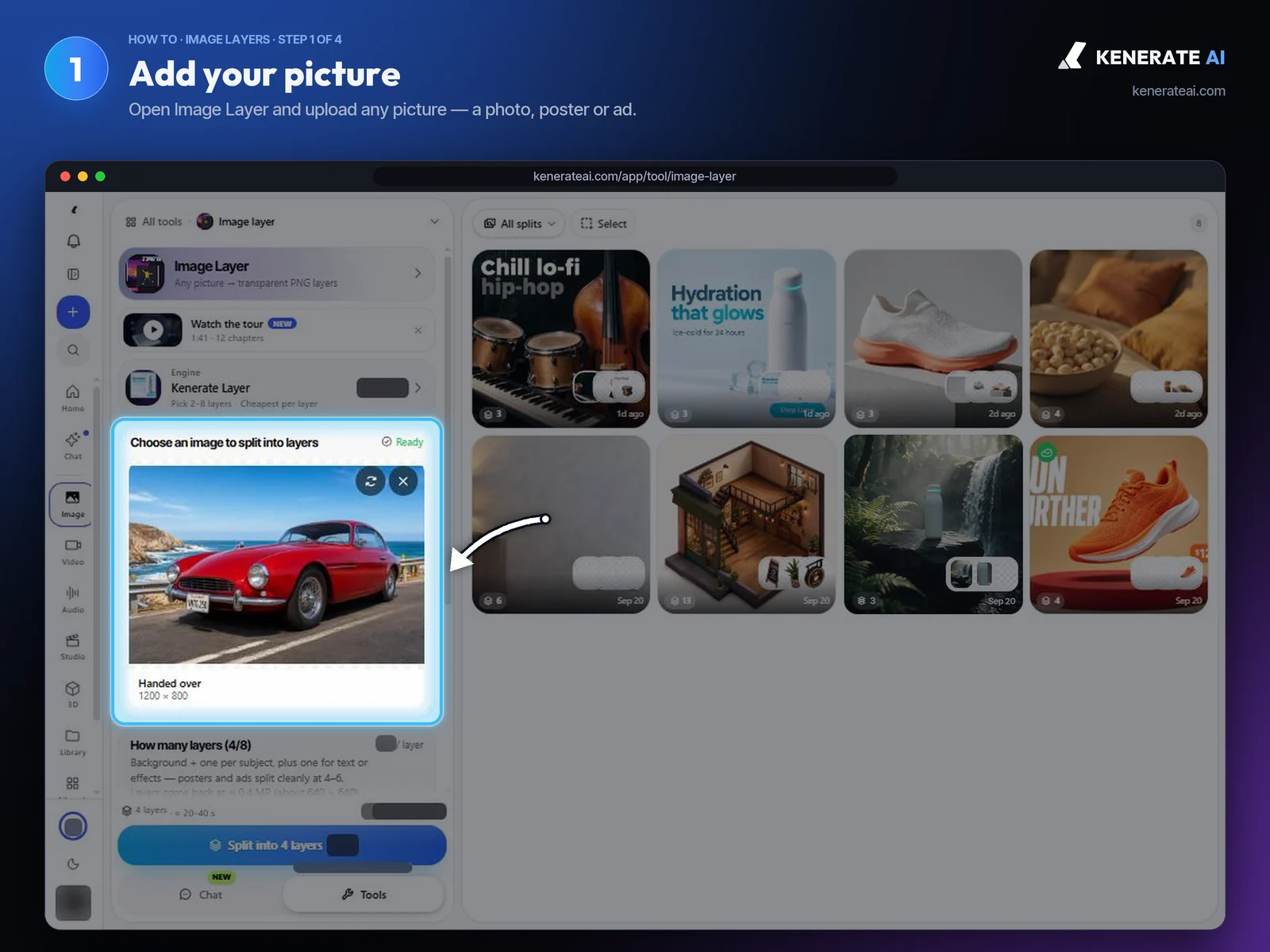 Kenerate AI Image Layer tool with a red sports car photo loaded as the input