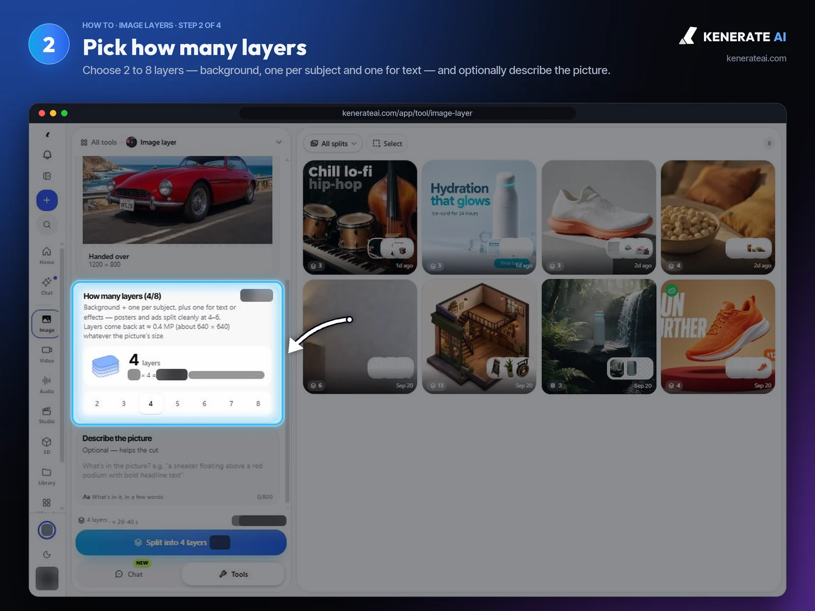 Kenerate AI Image Layer layer count picker set to 4 layers