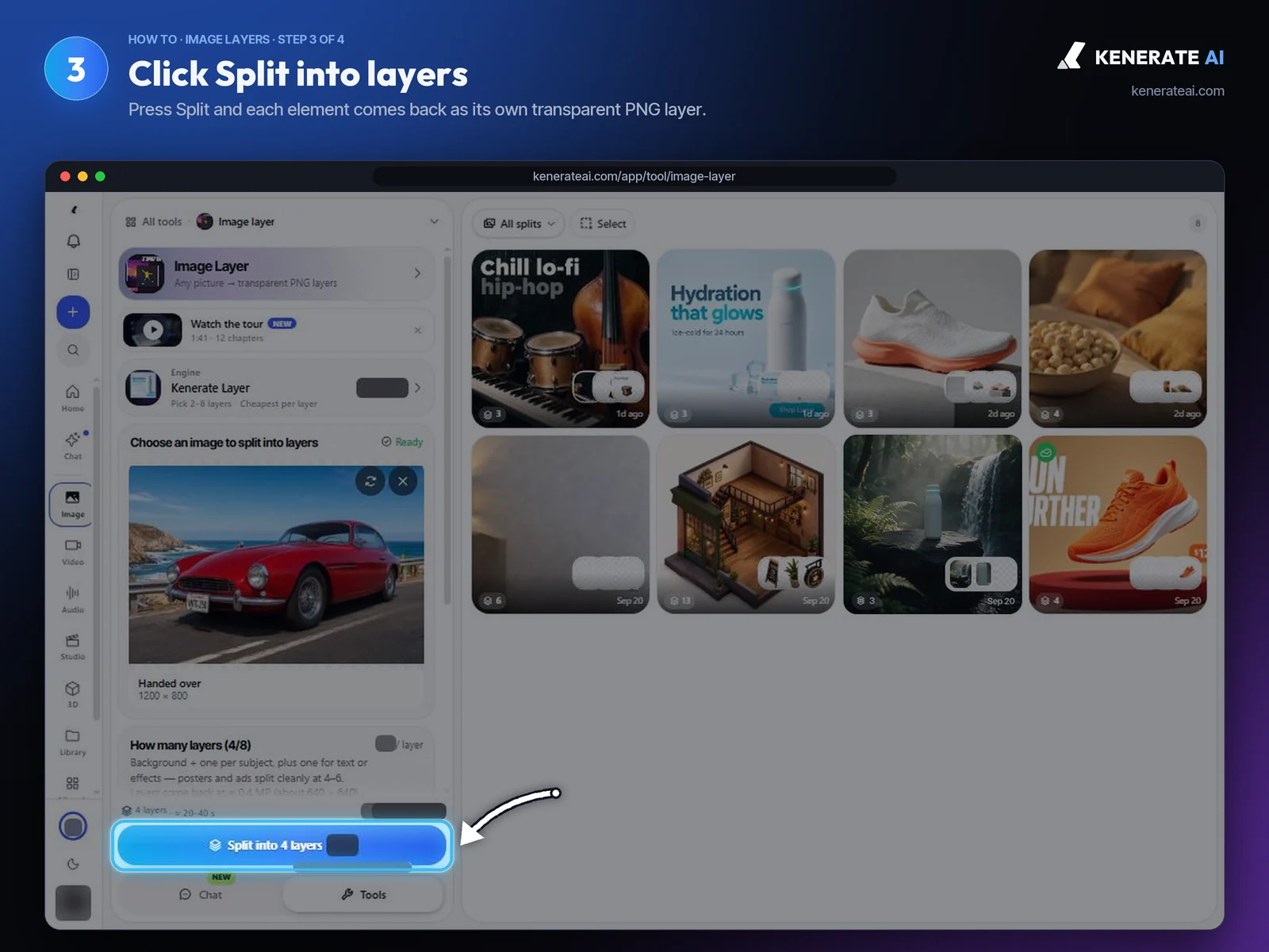 Kenerate AI Image Layer Split into 4 layers button